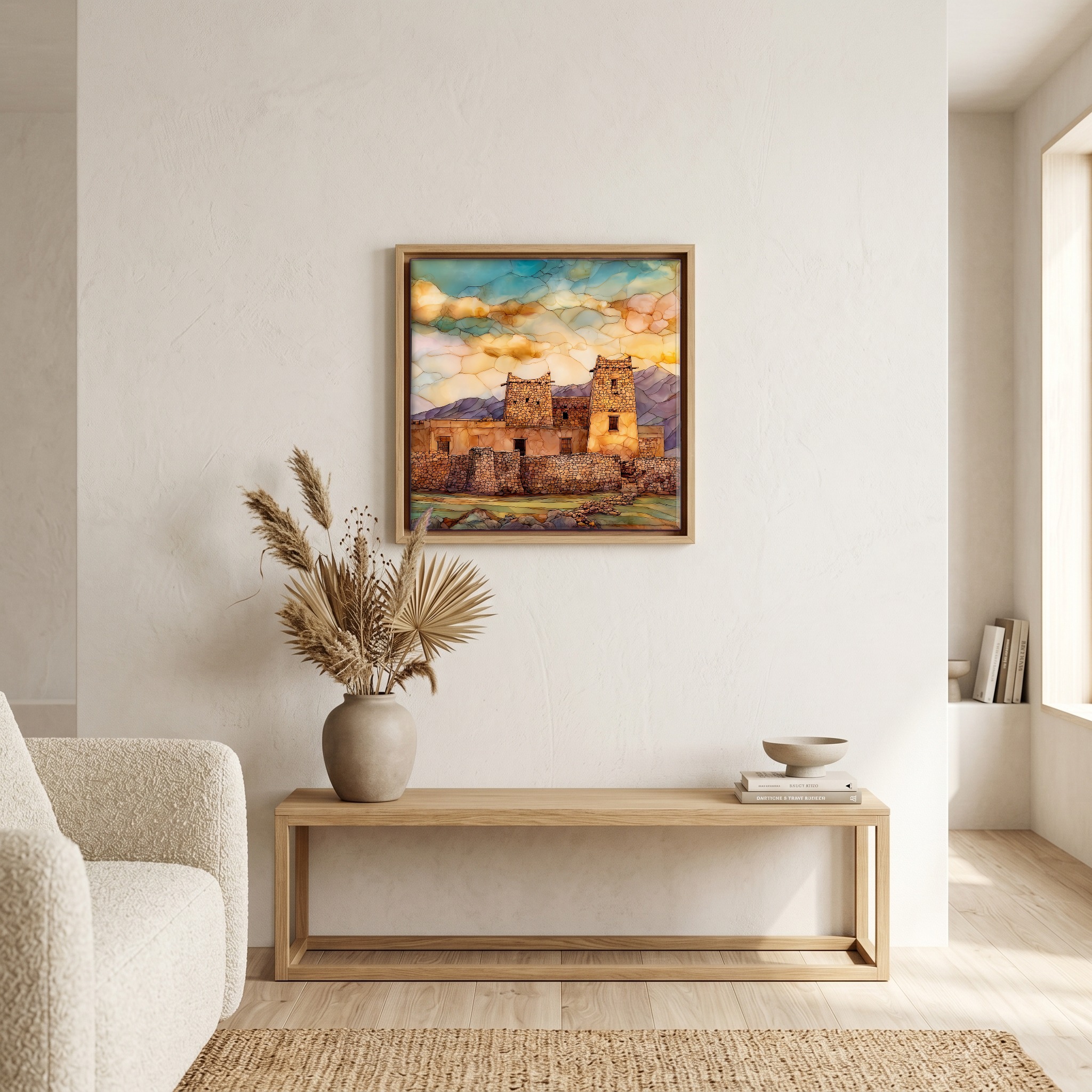 Above the bench, in a warm oak surround.