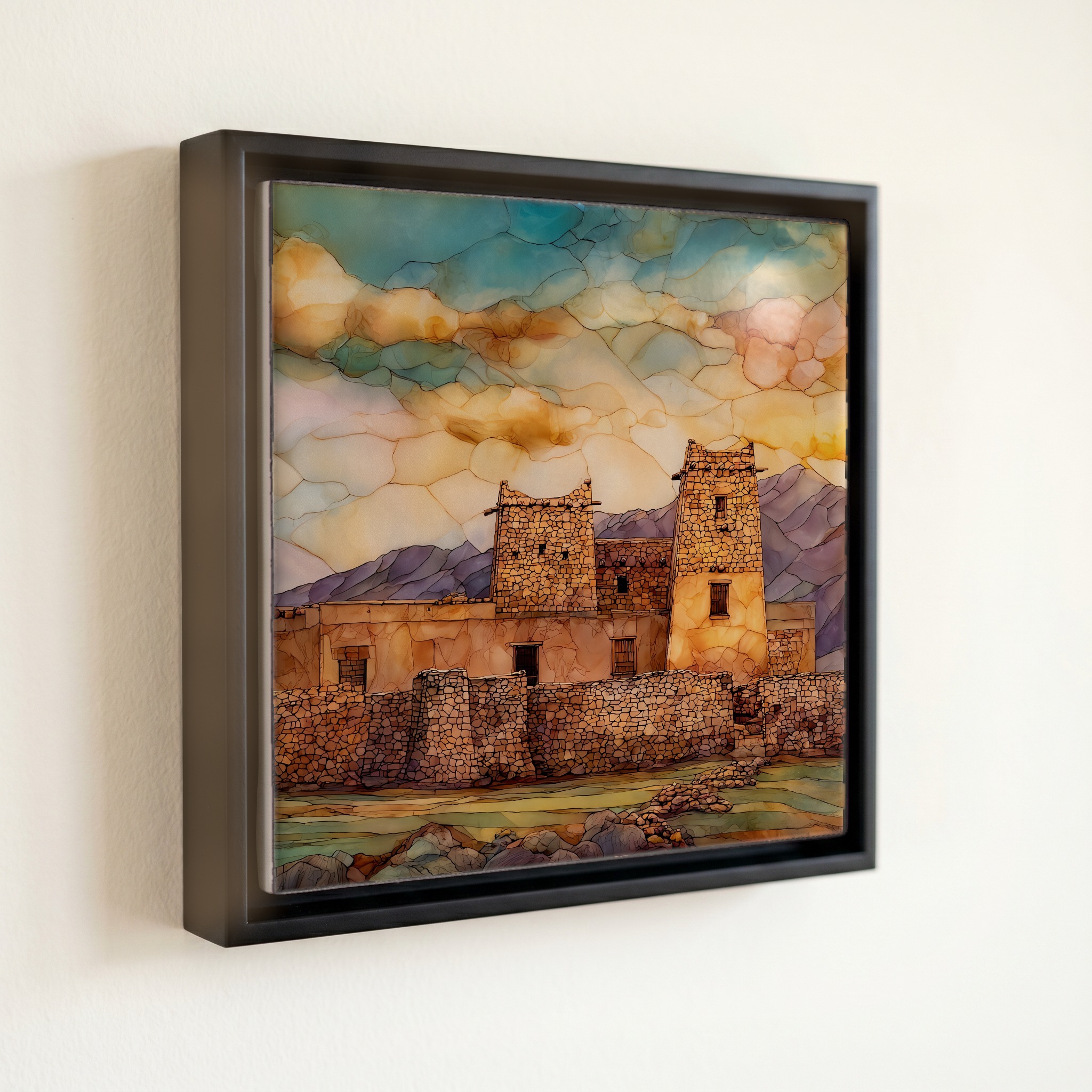 shown in a slim black floating frame · 6 × 6 in