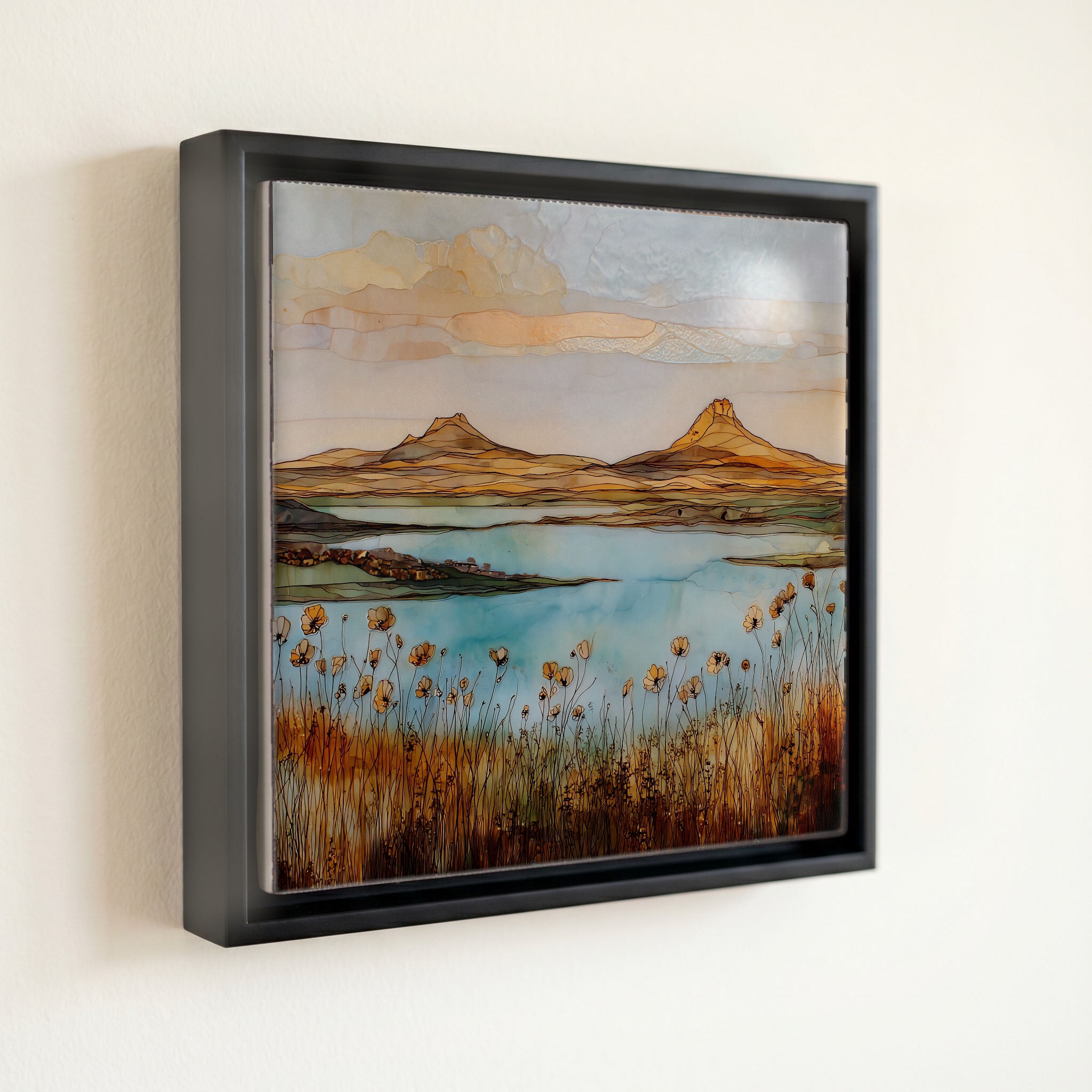 shown in a slim black floating frame · 6 × 6 in