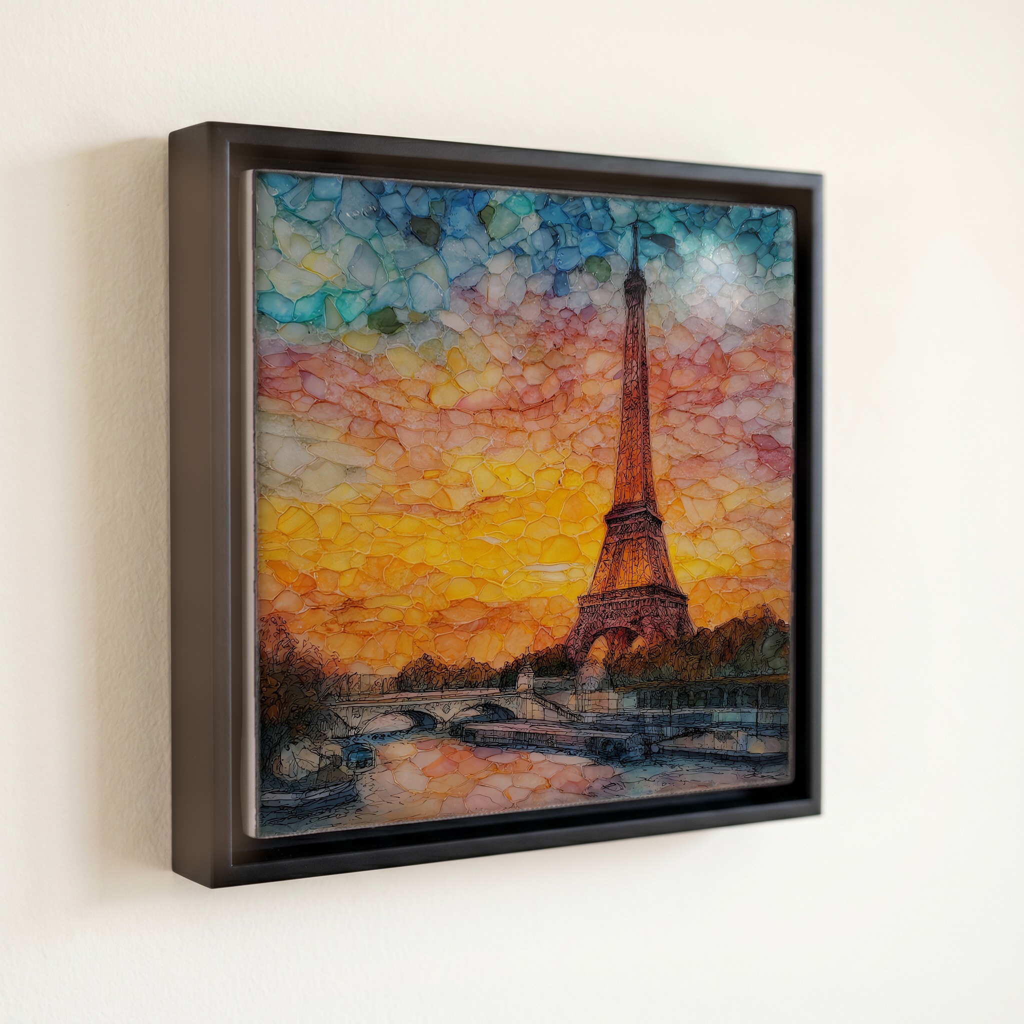 shown in a slim black floating frame · 6 × 6 in