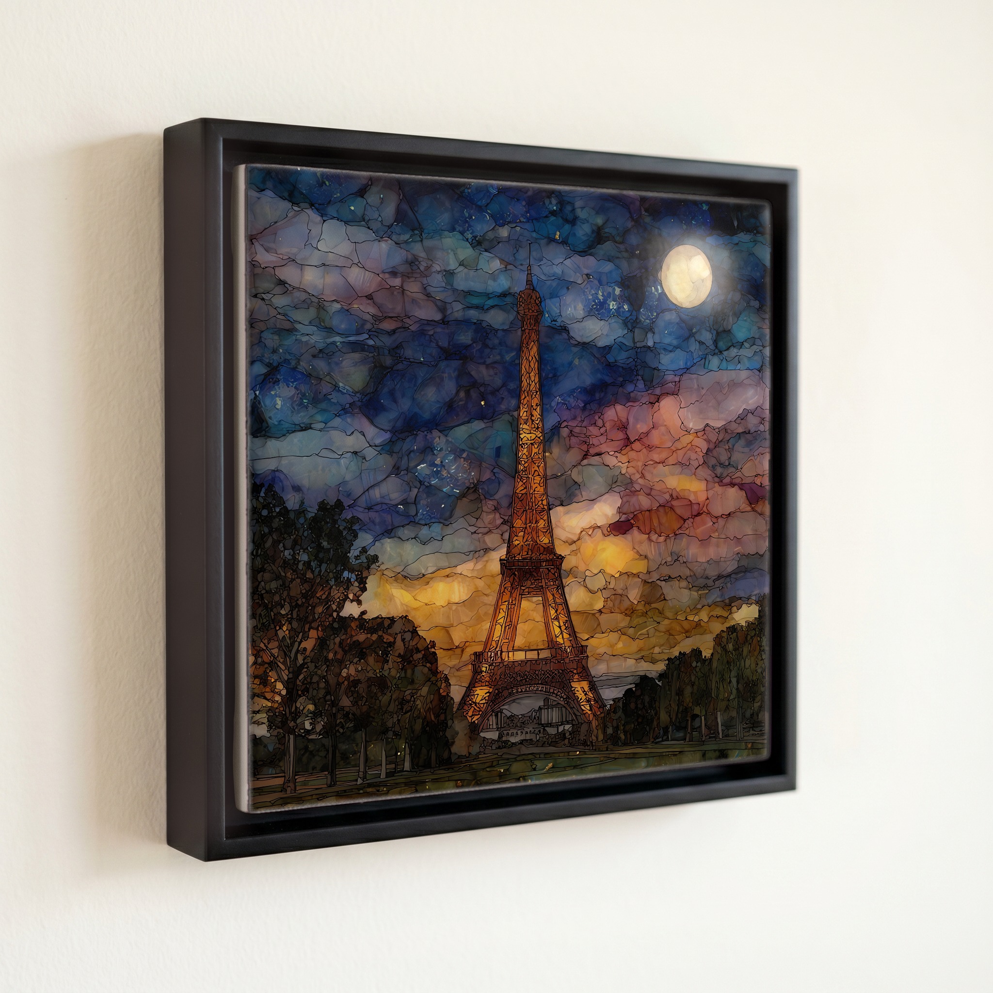 shown in a slim black floating frame · 6 × 6 in