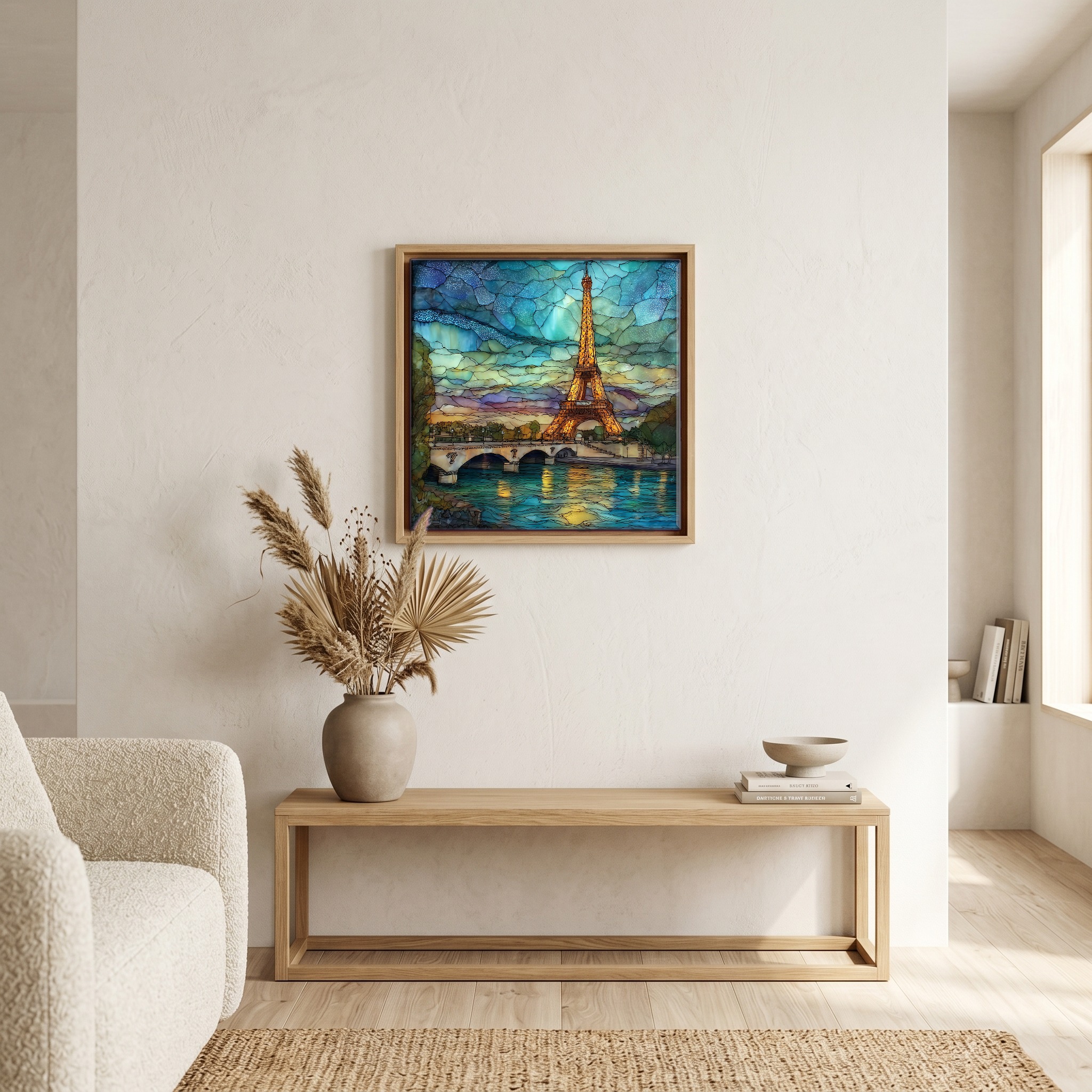 Above the bench, in a warm oak surround.