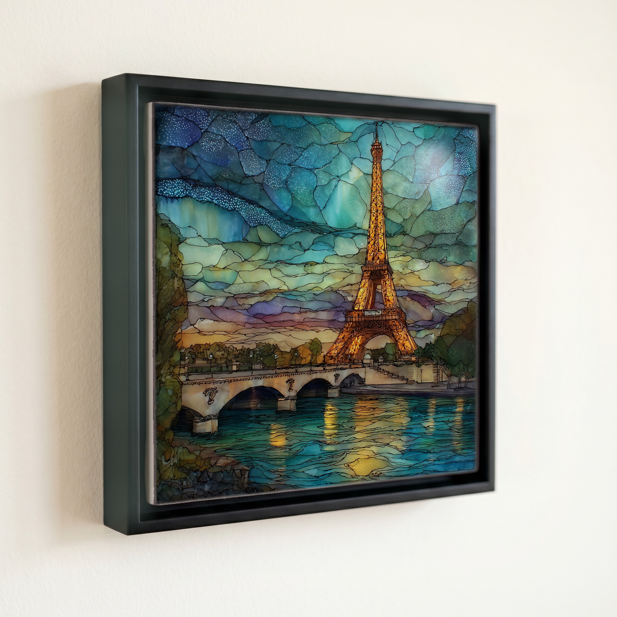 shown in a slim black floating frame · 6 × 6 in