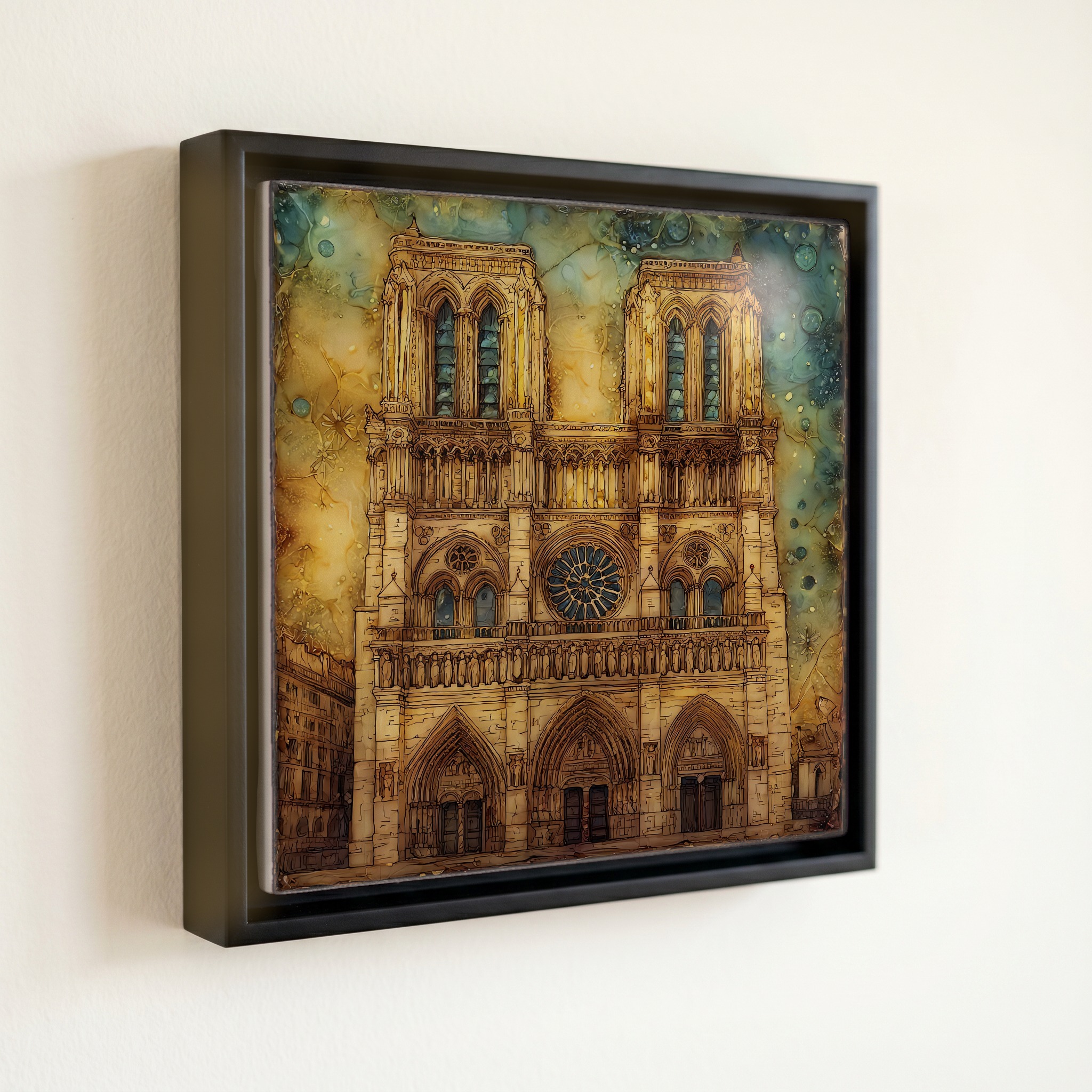 shown in a slim black floating frame · 6 × 6 in
