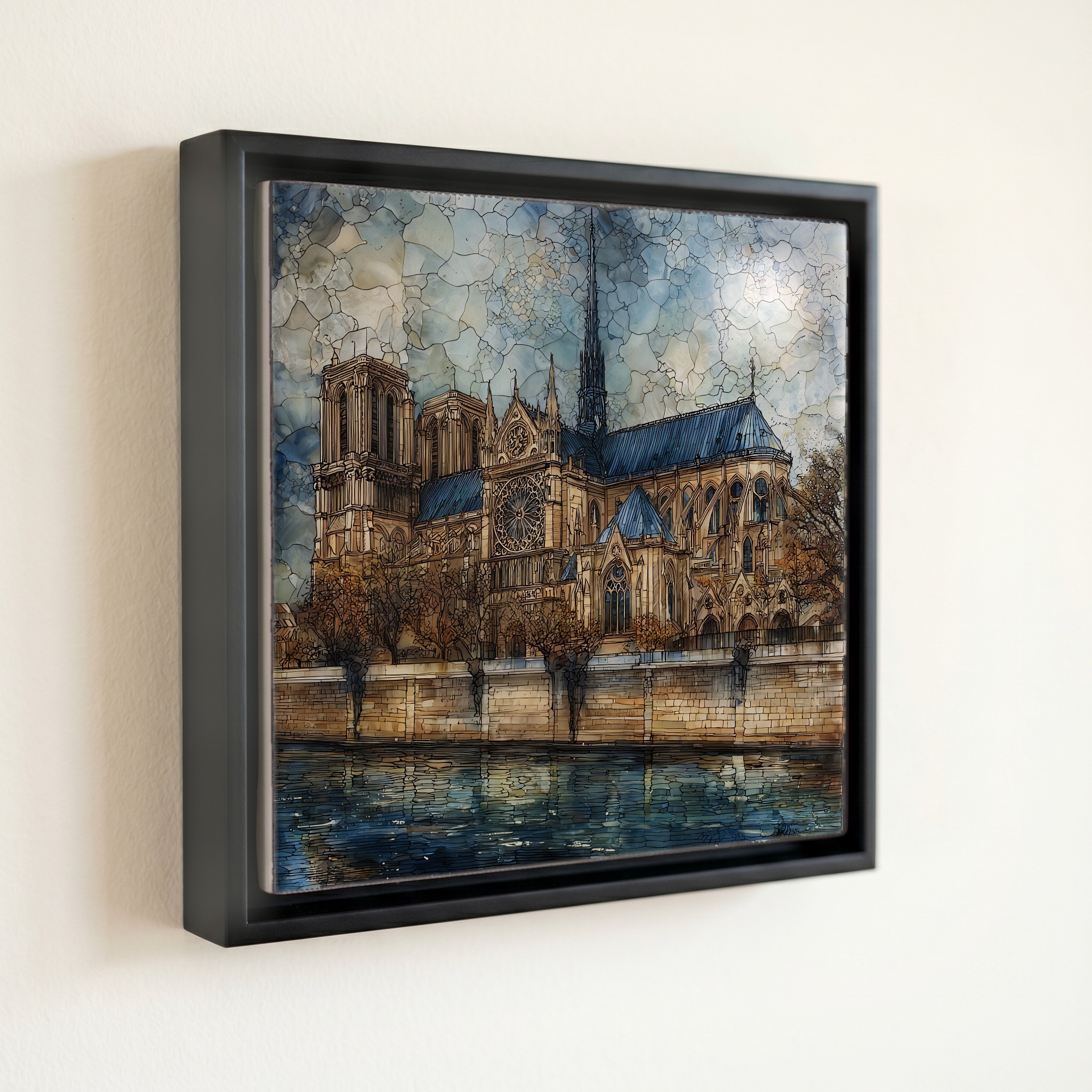 shown in a slim black floating frame · 6 × 6 in