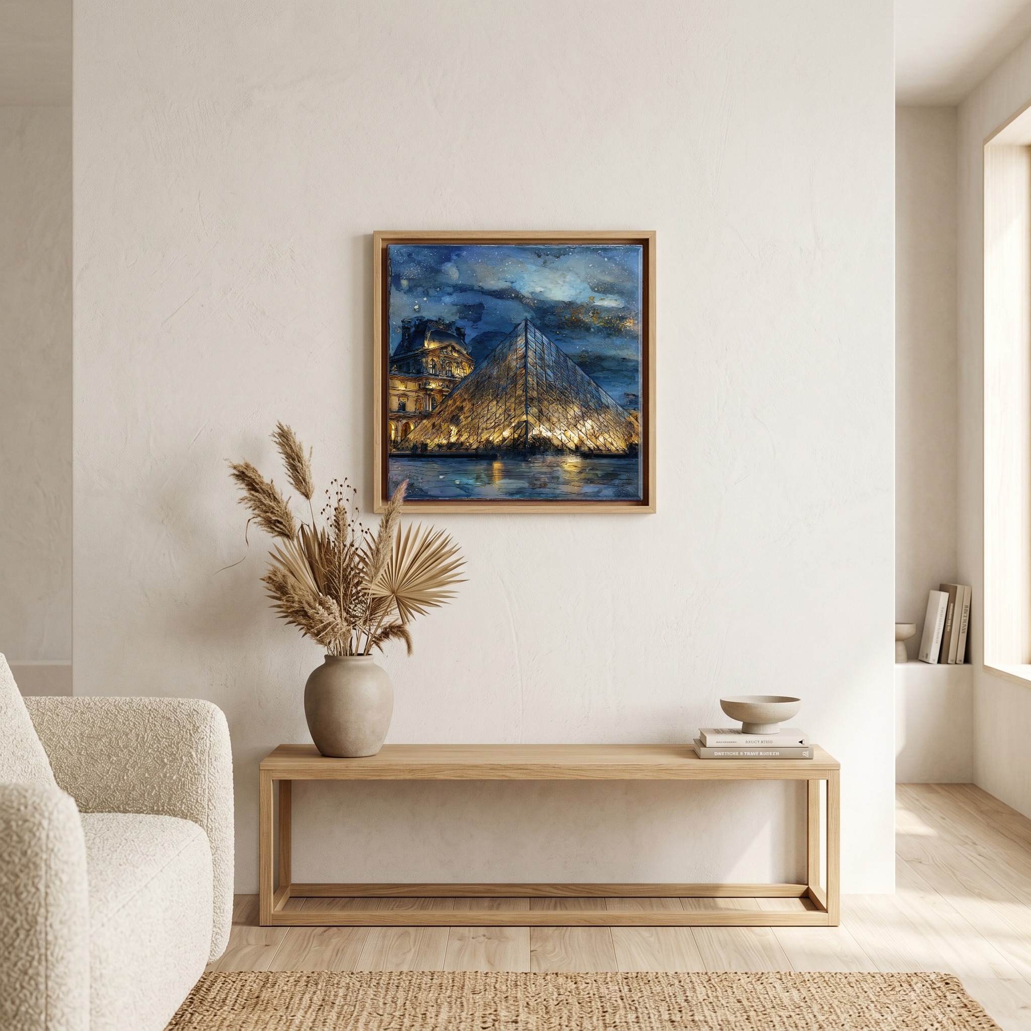Above the bench, in a warm oak surround.