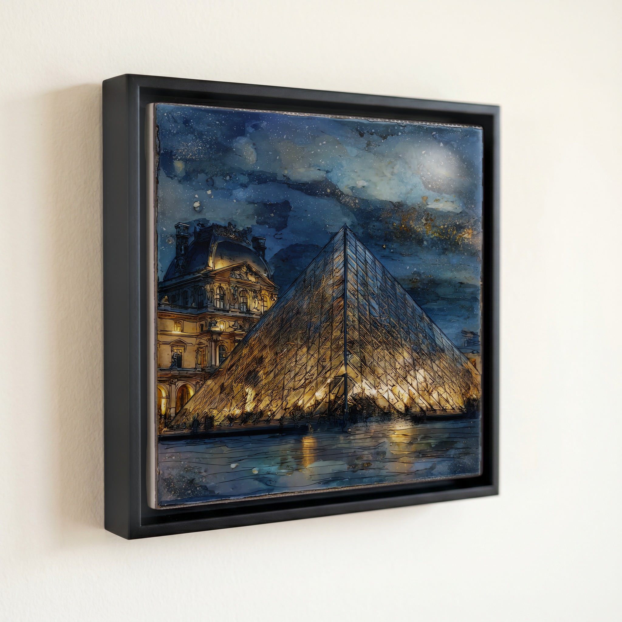 shown in a slim black floating frame · 6 × 6 in