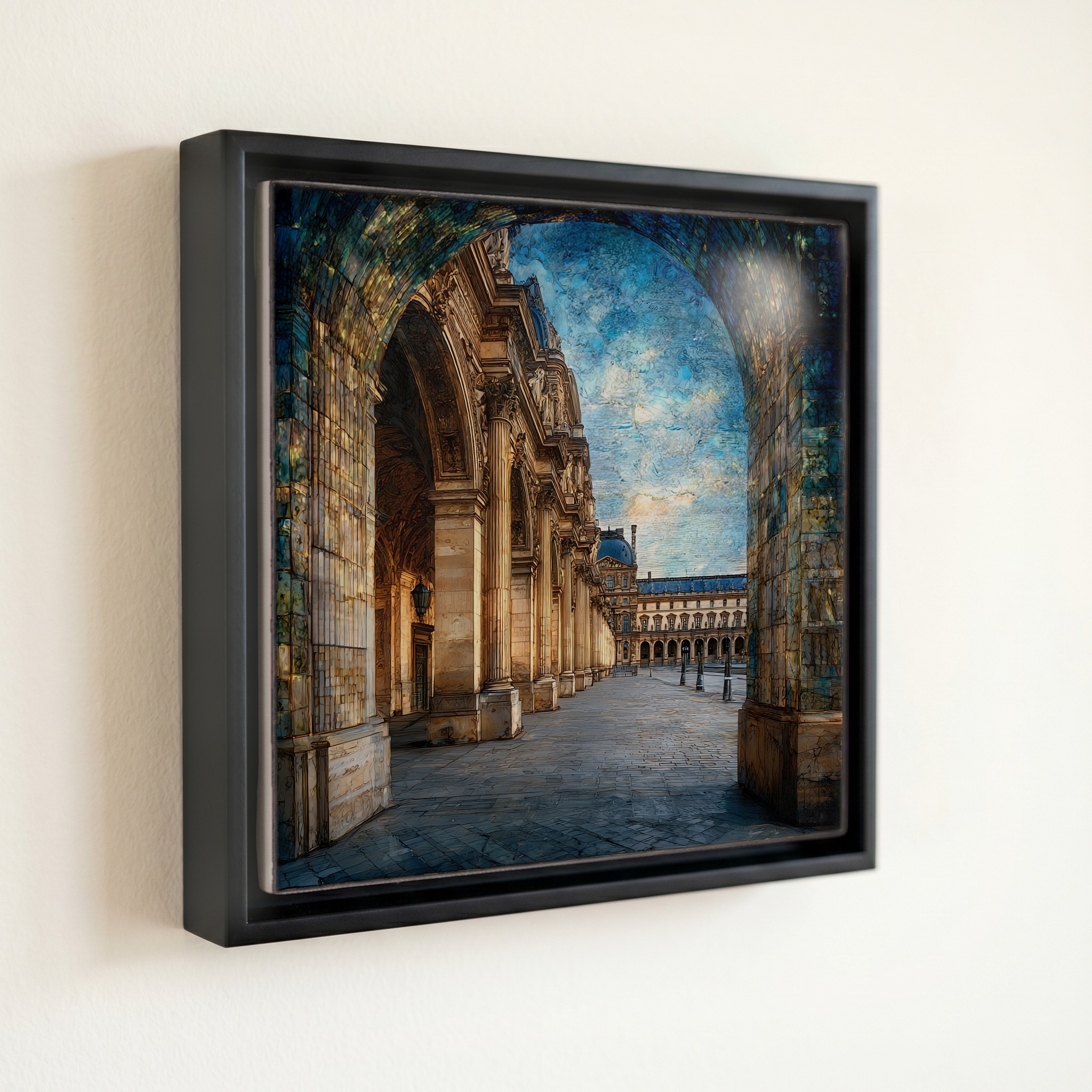 shown in a slim black floating frame · 6 × 6 in