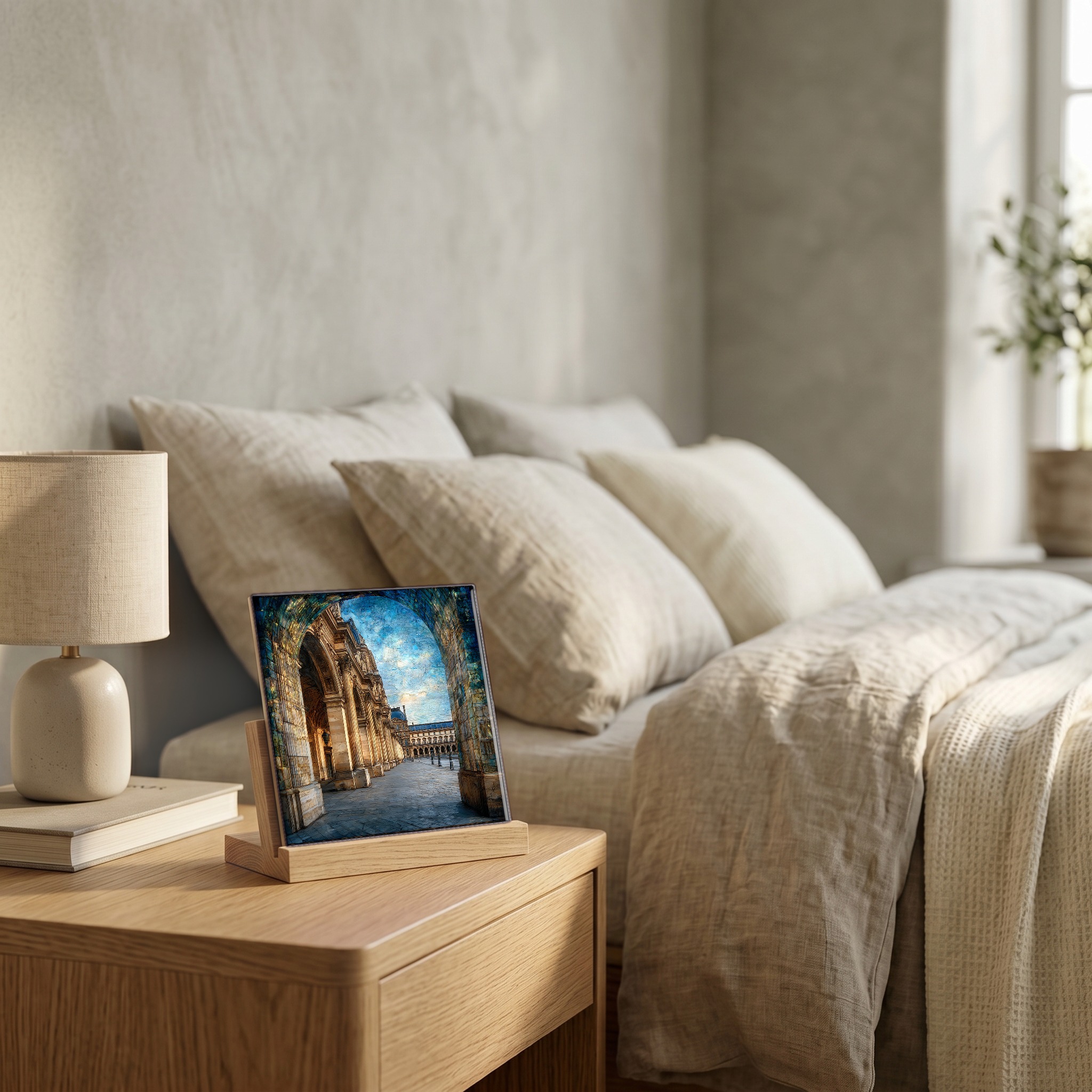 On the nightstand, on a light oak stand.