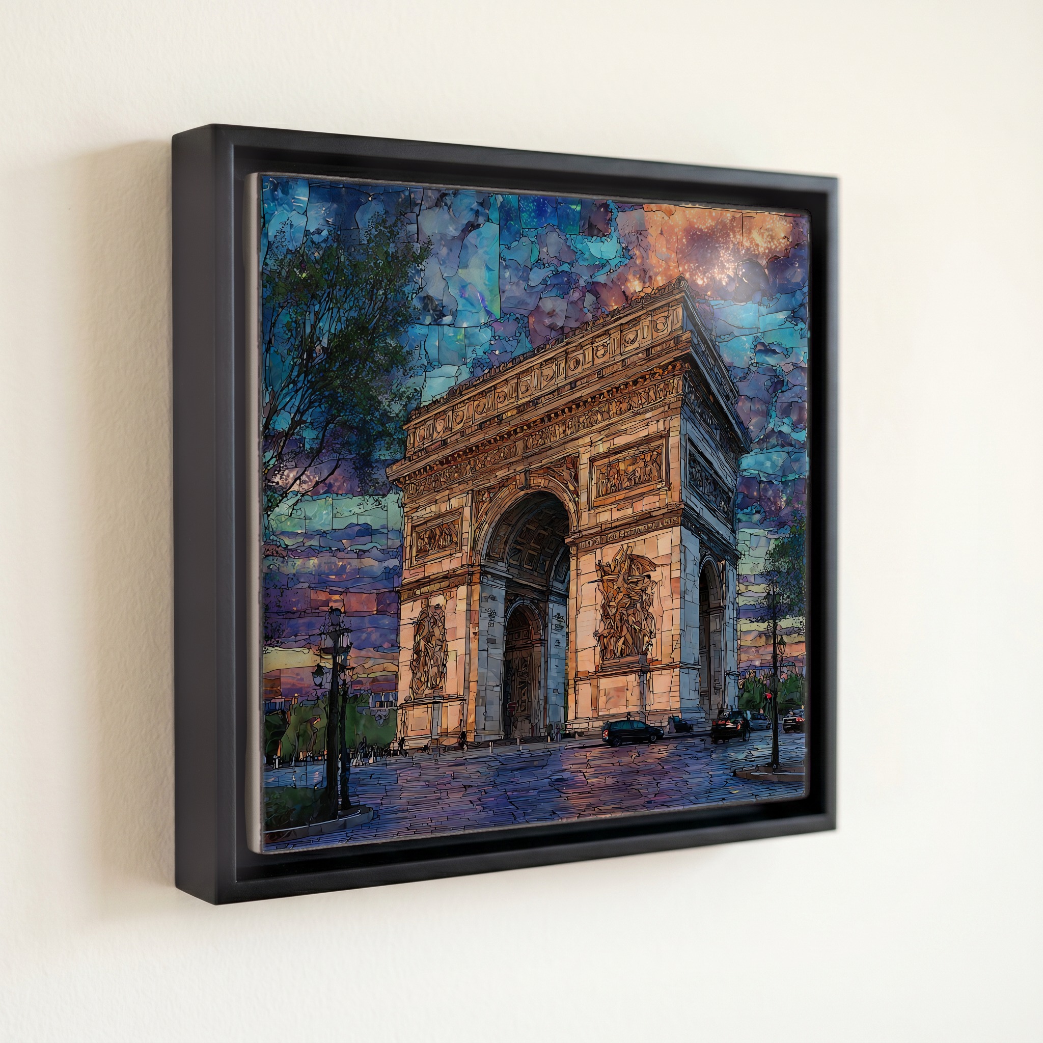 shown in a slim black floating frame · 6 × 6 in