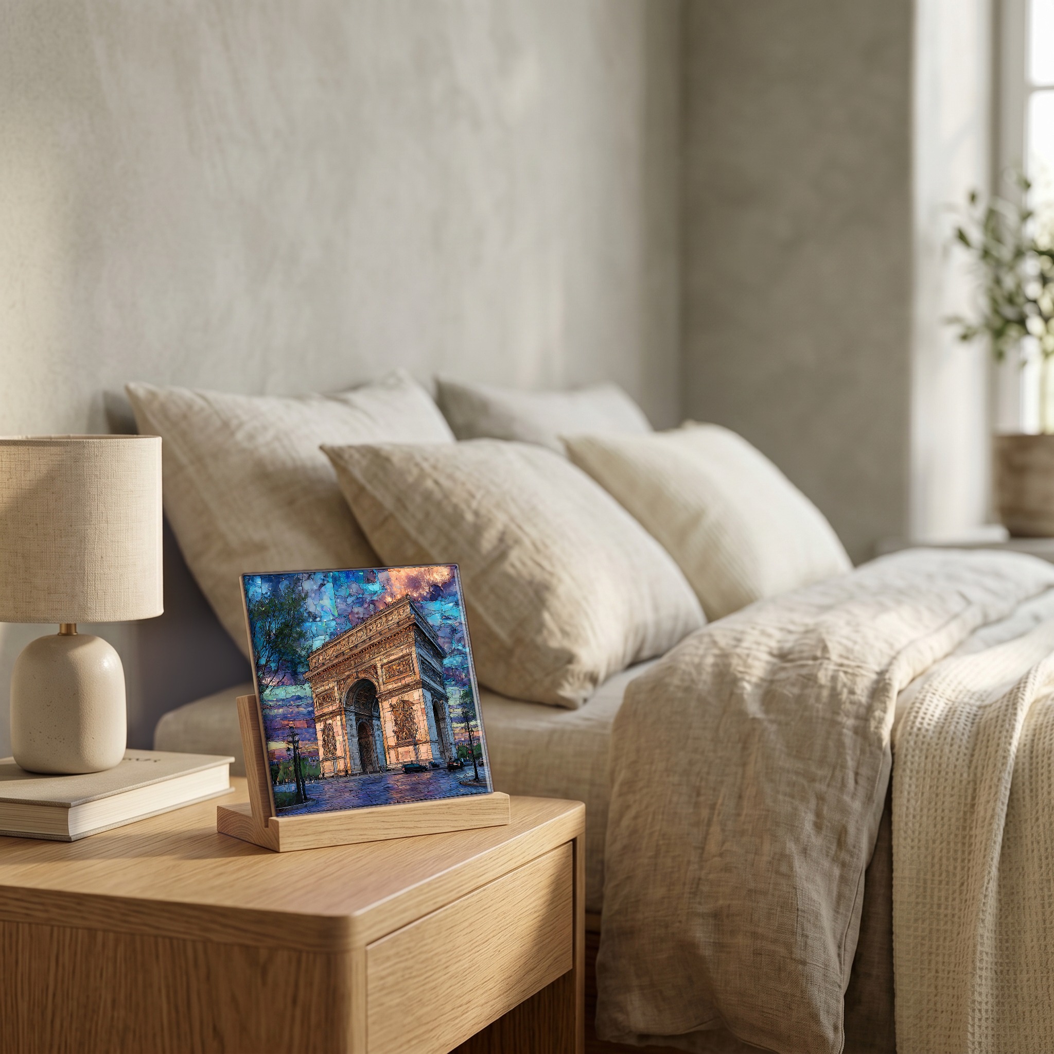 On the nightstand, on a light oak stand.