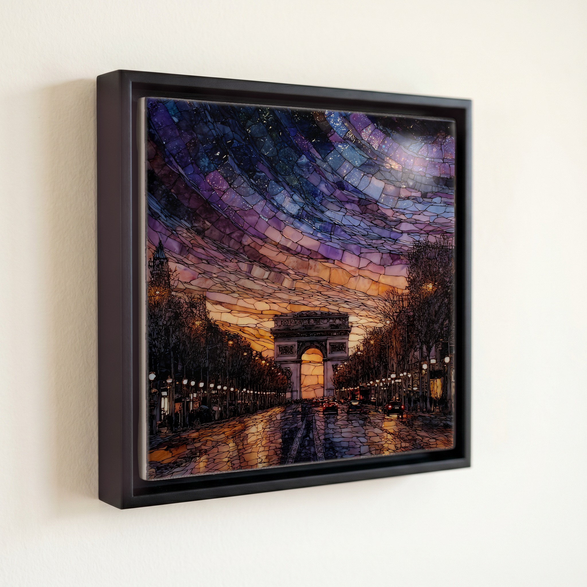 shown in a slim black floating frame · 6 × 6 in