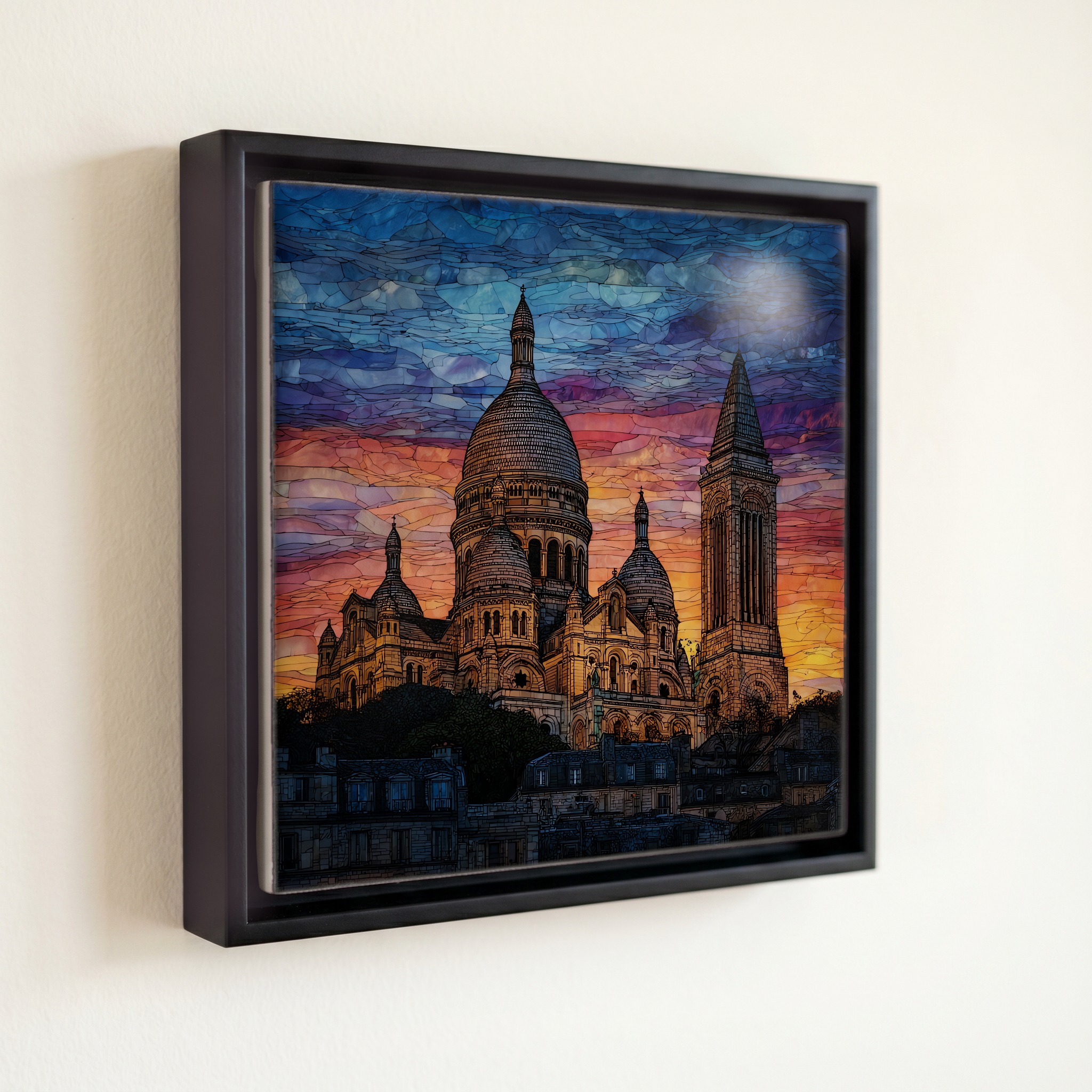 shown in a slim black floating frame · 6 × 6 in