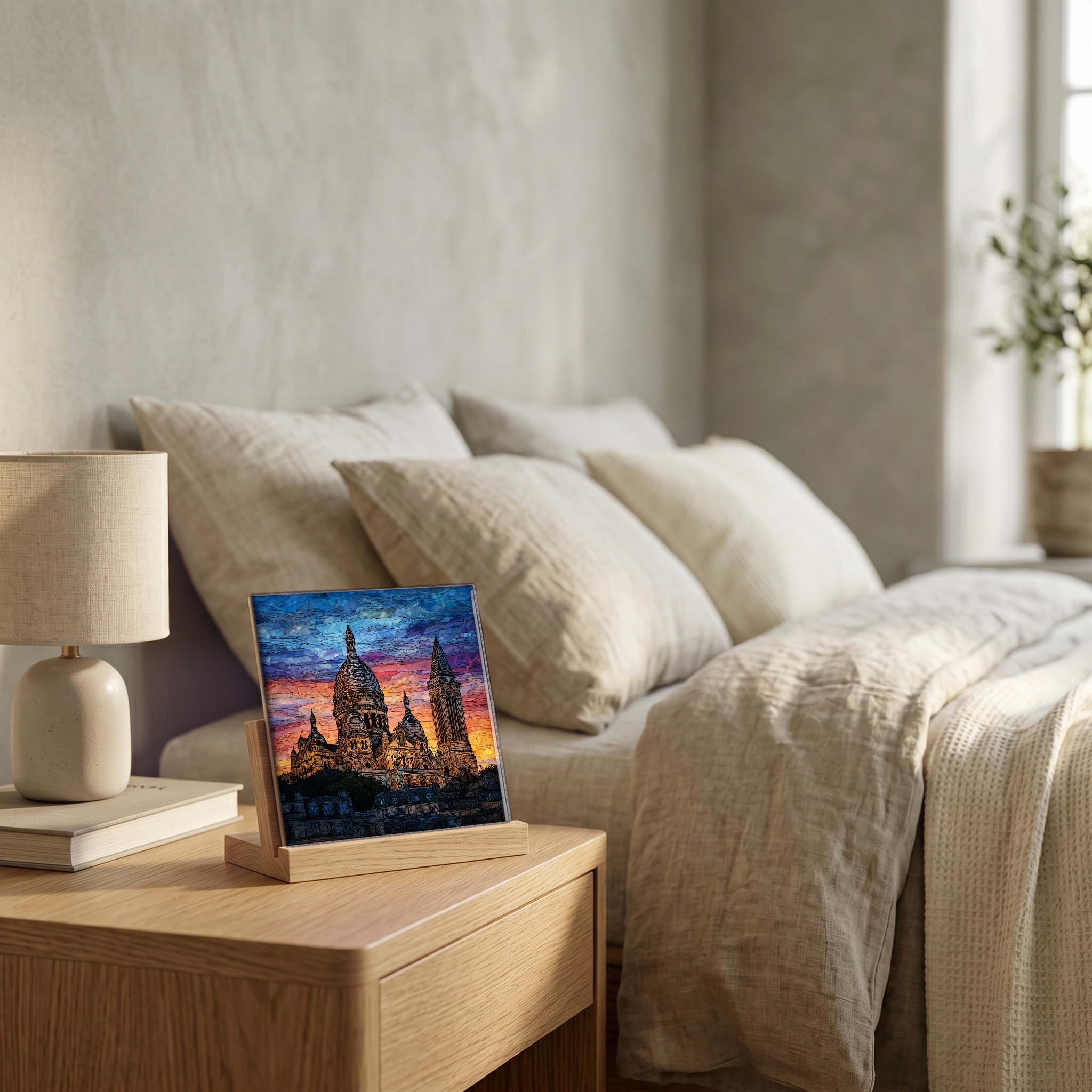 On the nightstand, on a light oak stand.