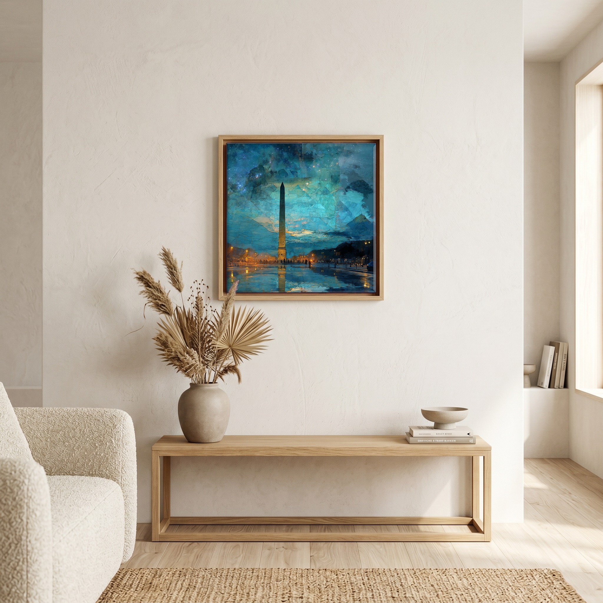 Above the bench, in a warm oak surround.