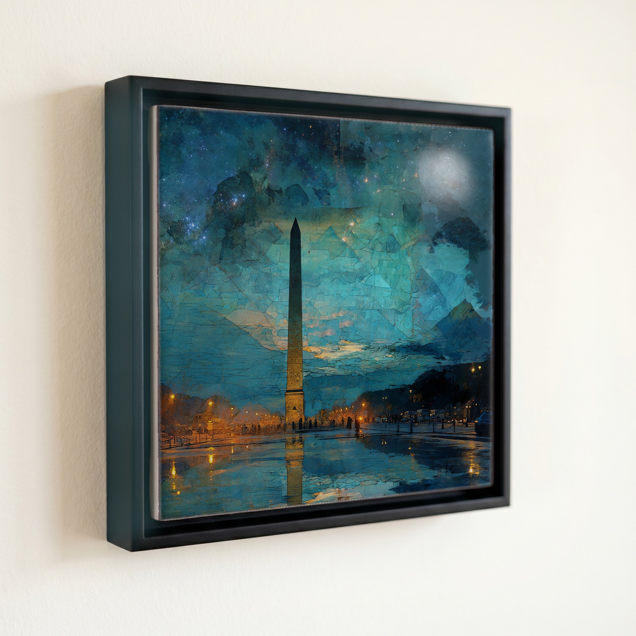 shown in a slim black floating frame · 6 × 6 in