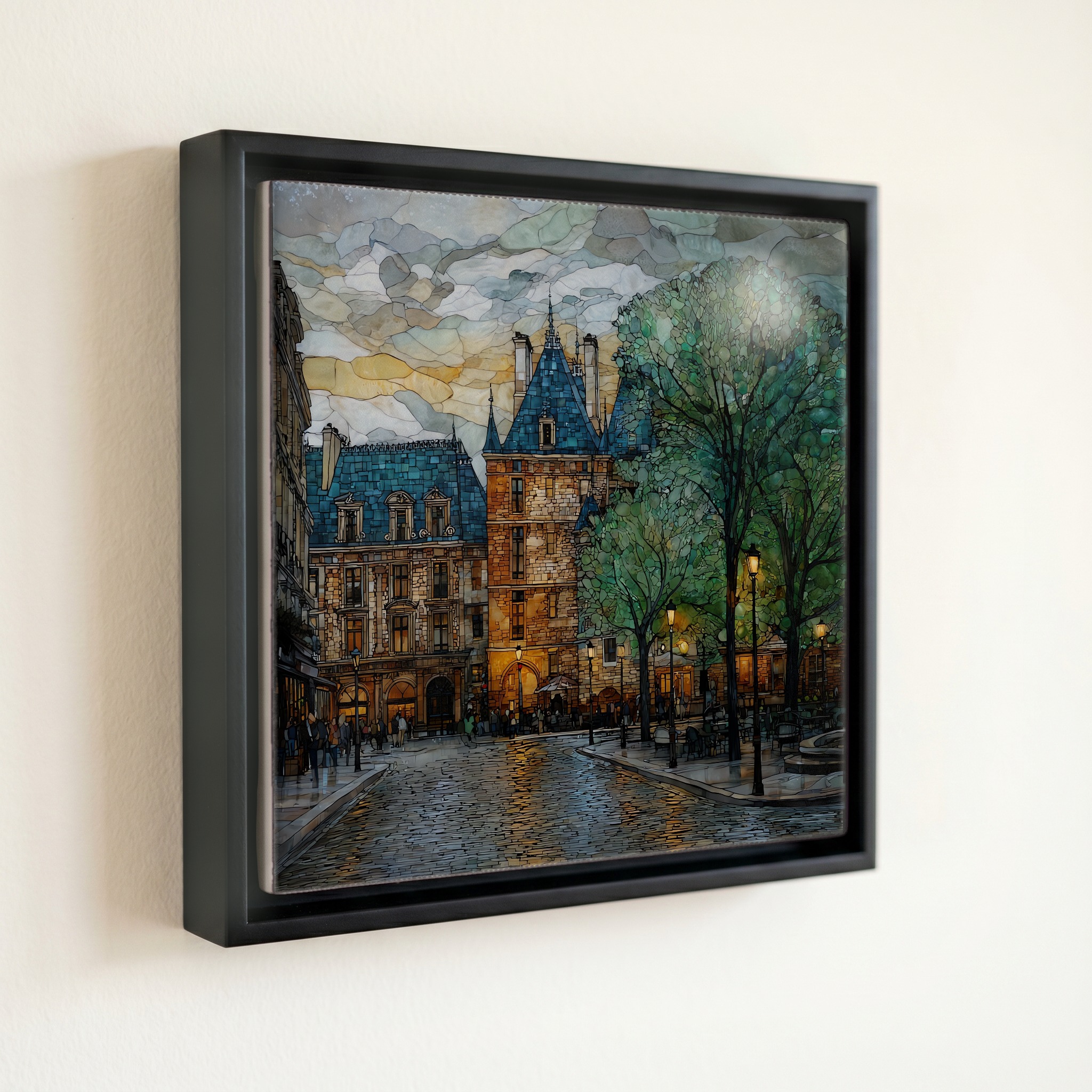 shown in a slim black floating frame · 6 × 6 in