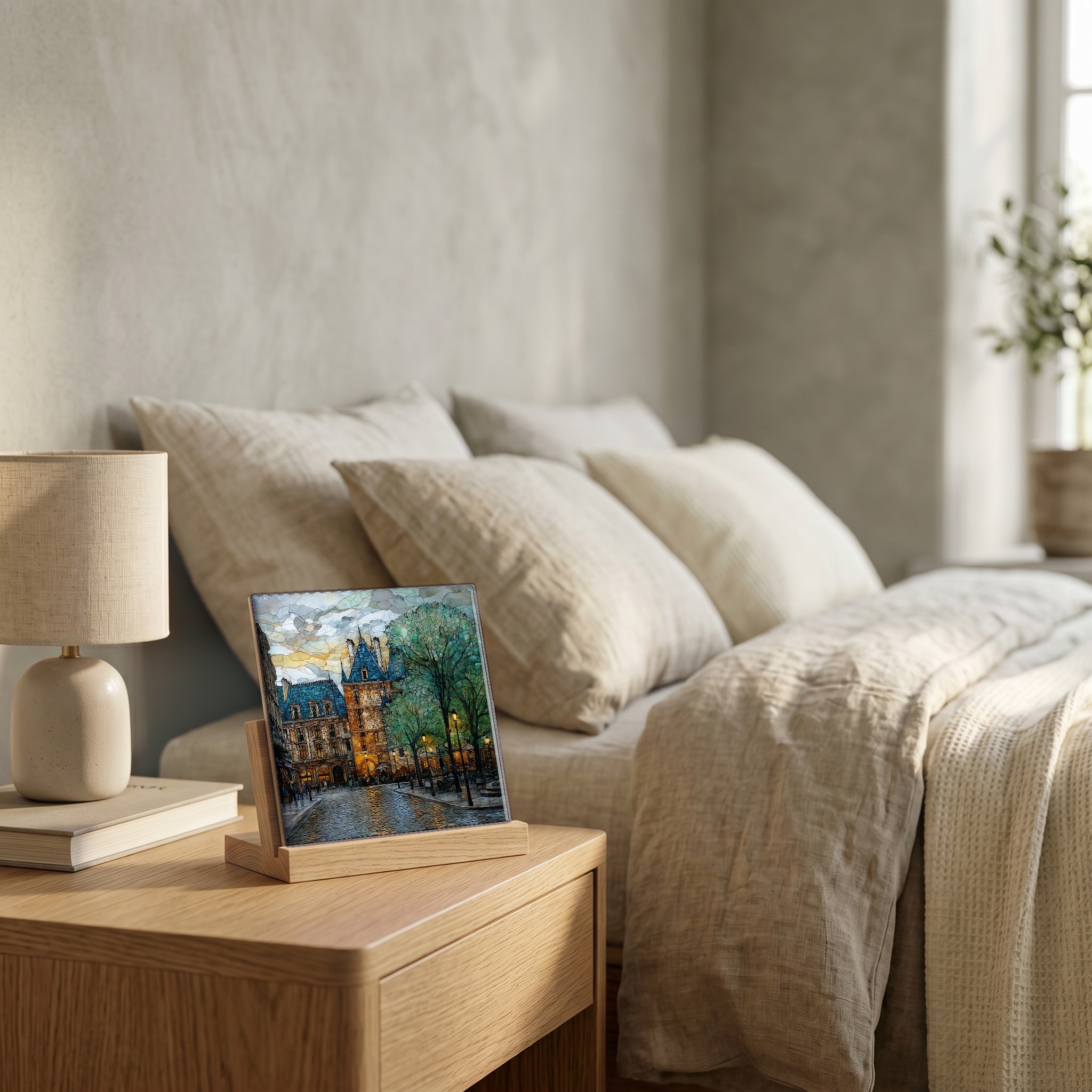 On the nightstand, on a light oak stand.