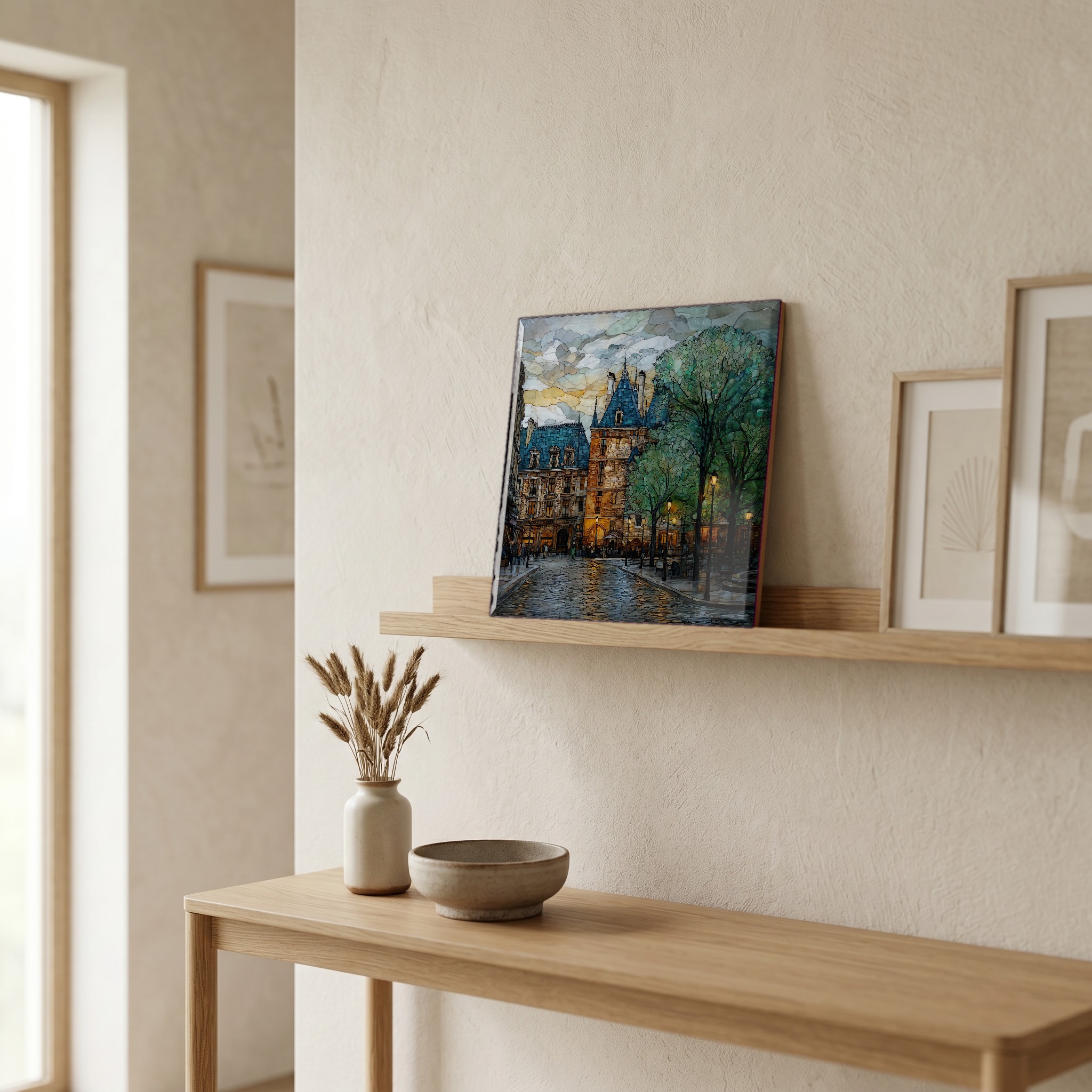 On a picture ledge, where the light comes in.