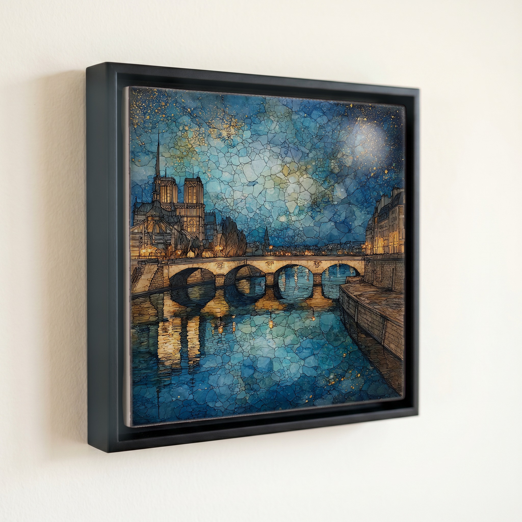 shown in a slim black floating frame · 6 × 6 in