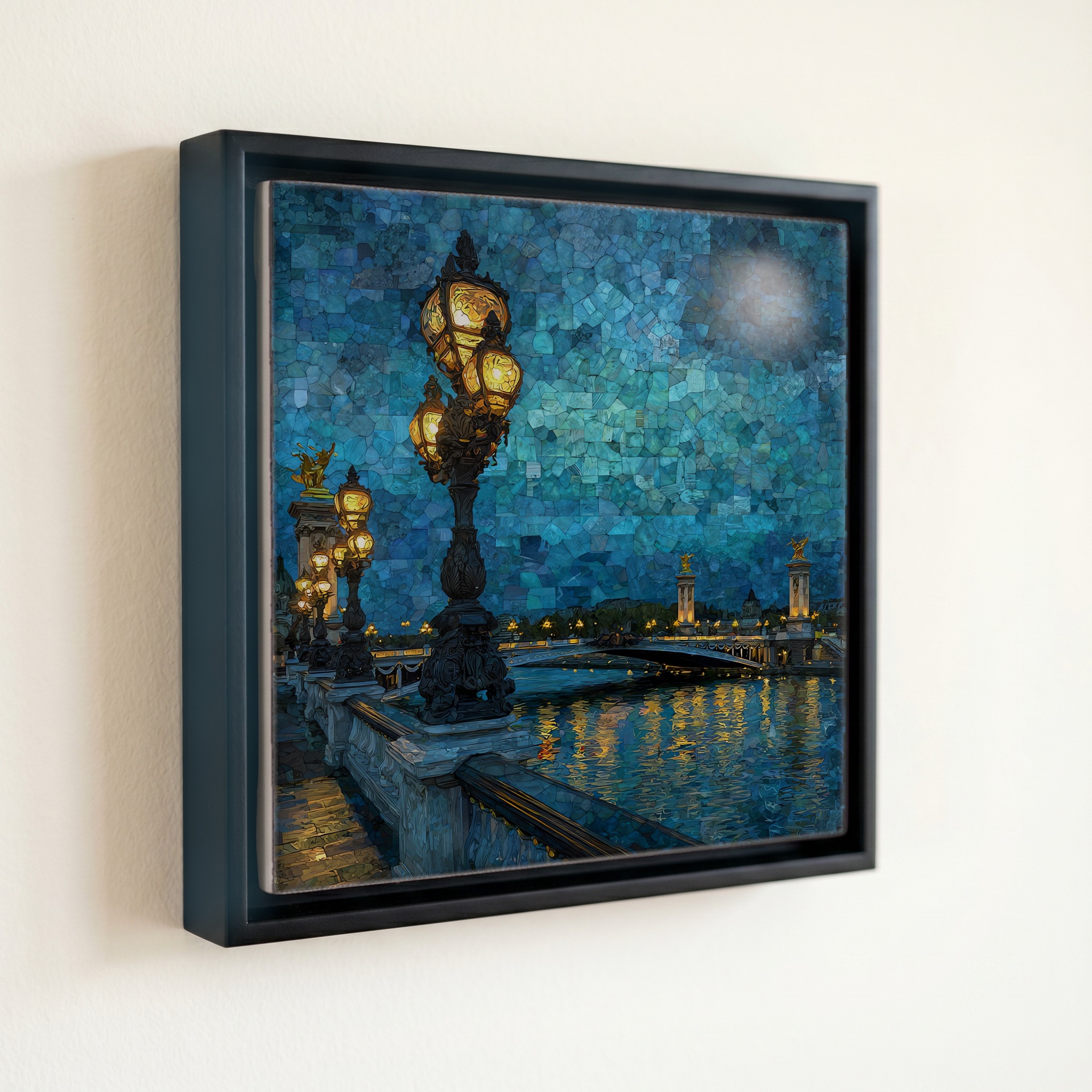 shown in a slim black floating frame · 6 × 6 in