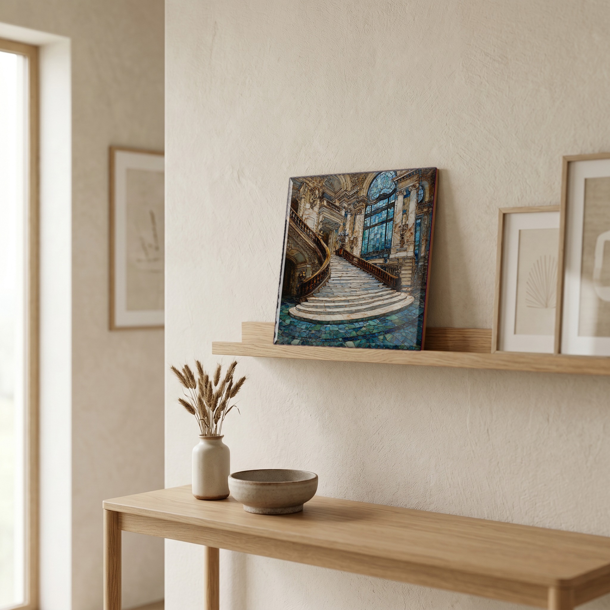 On a picture ledge, where the light comes in.