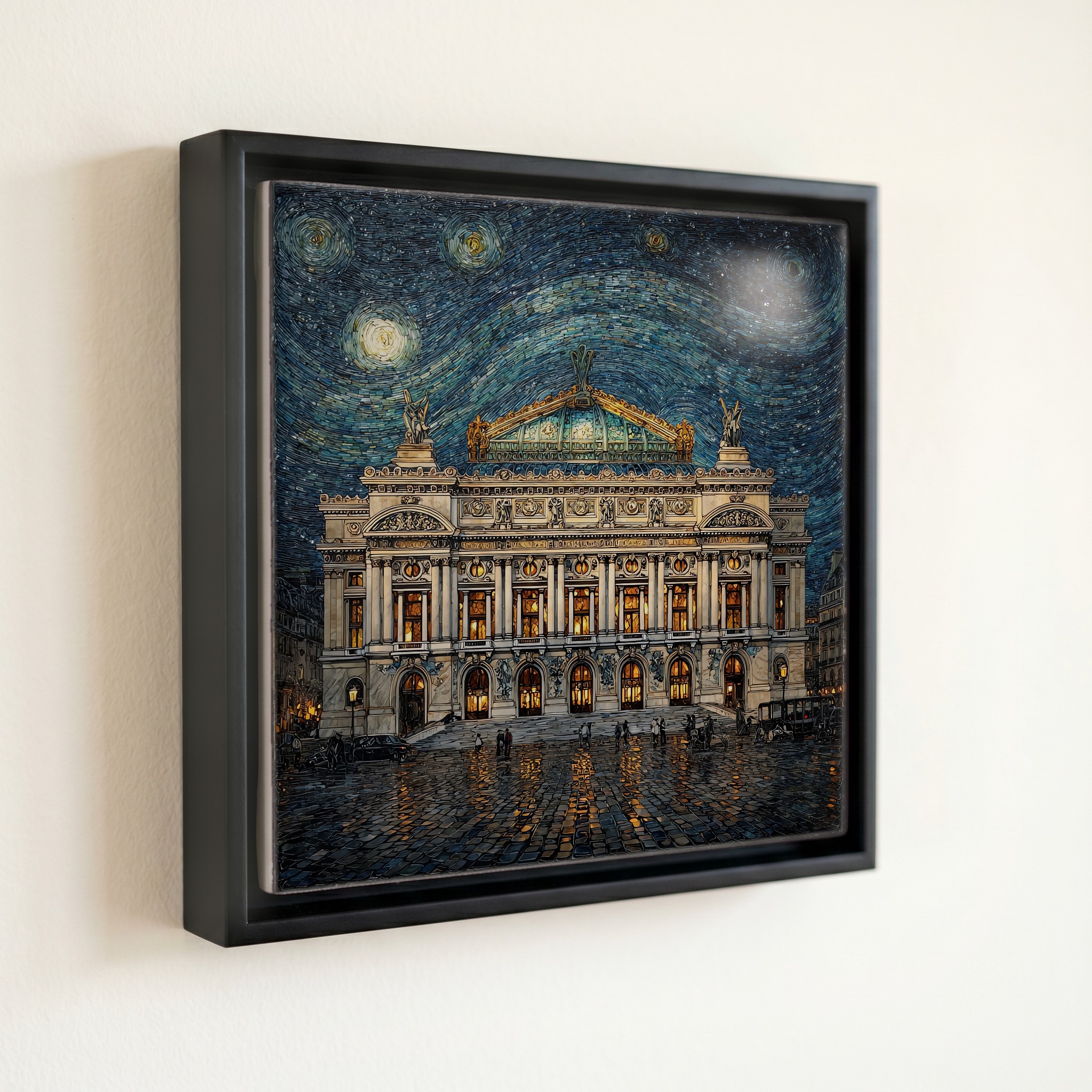 shown in a slim black floating frame · 6 × 6 in
