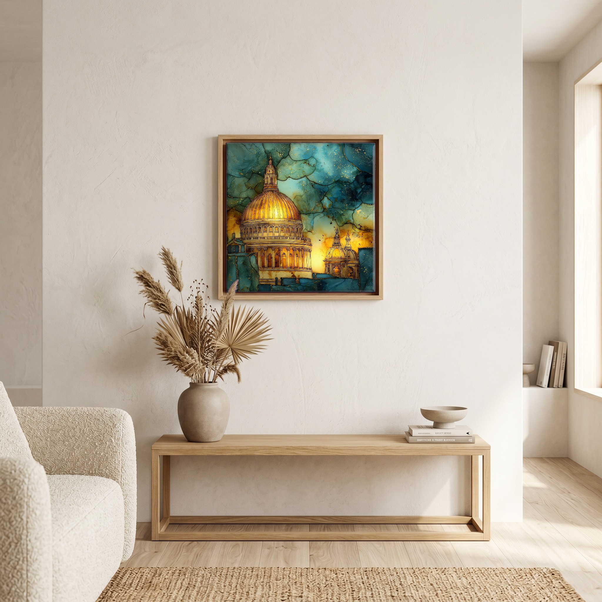 Above the bench, in a warm oak surround.