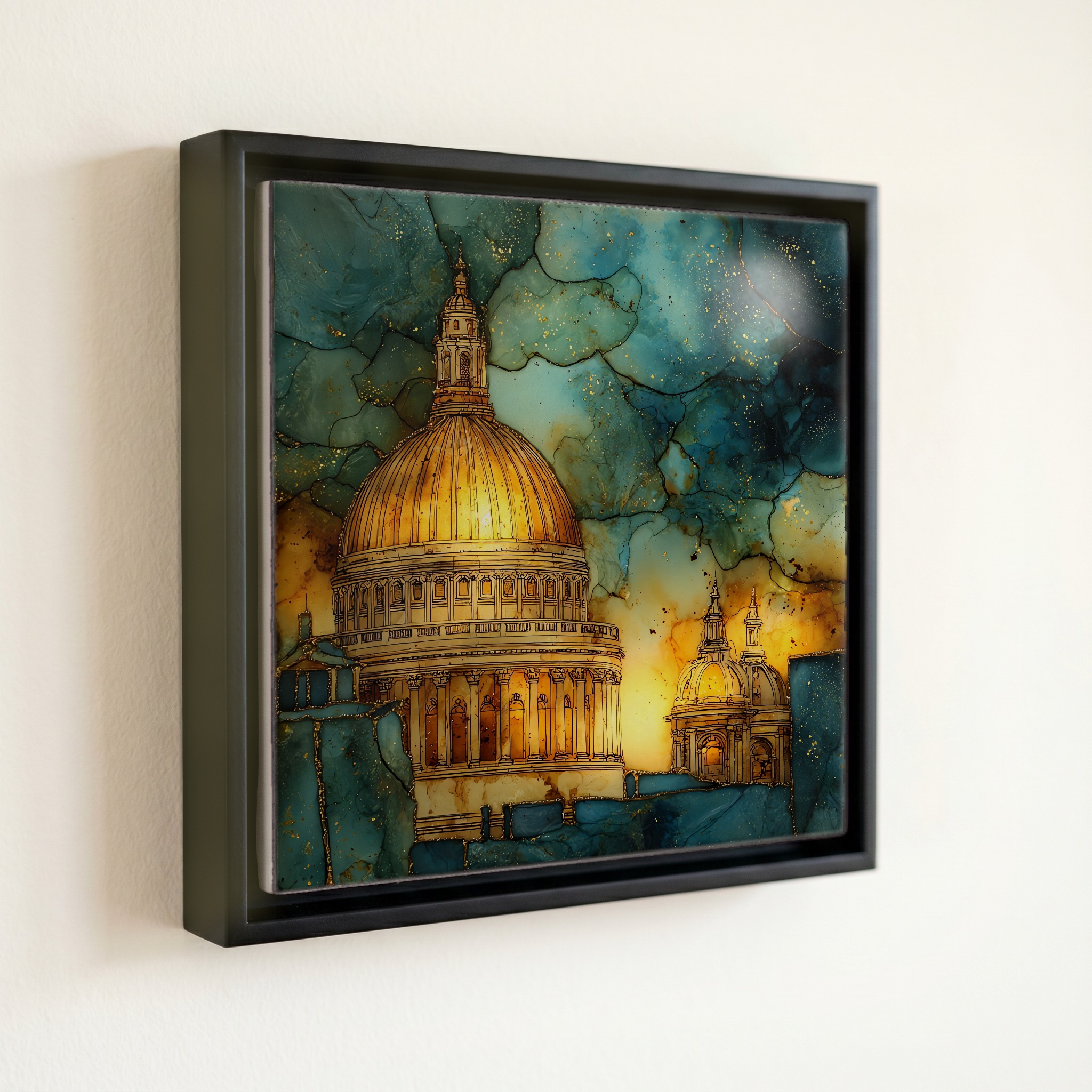 shown in a slim black floating frame · 6 × 6 in