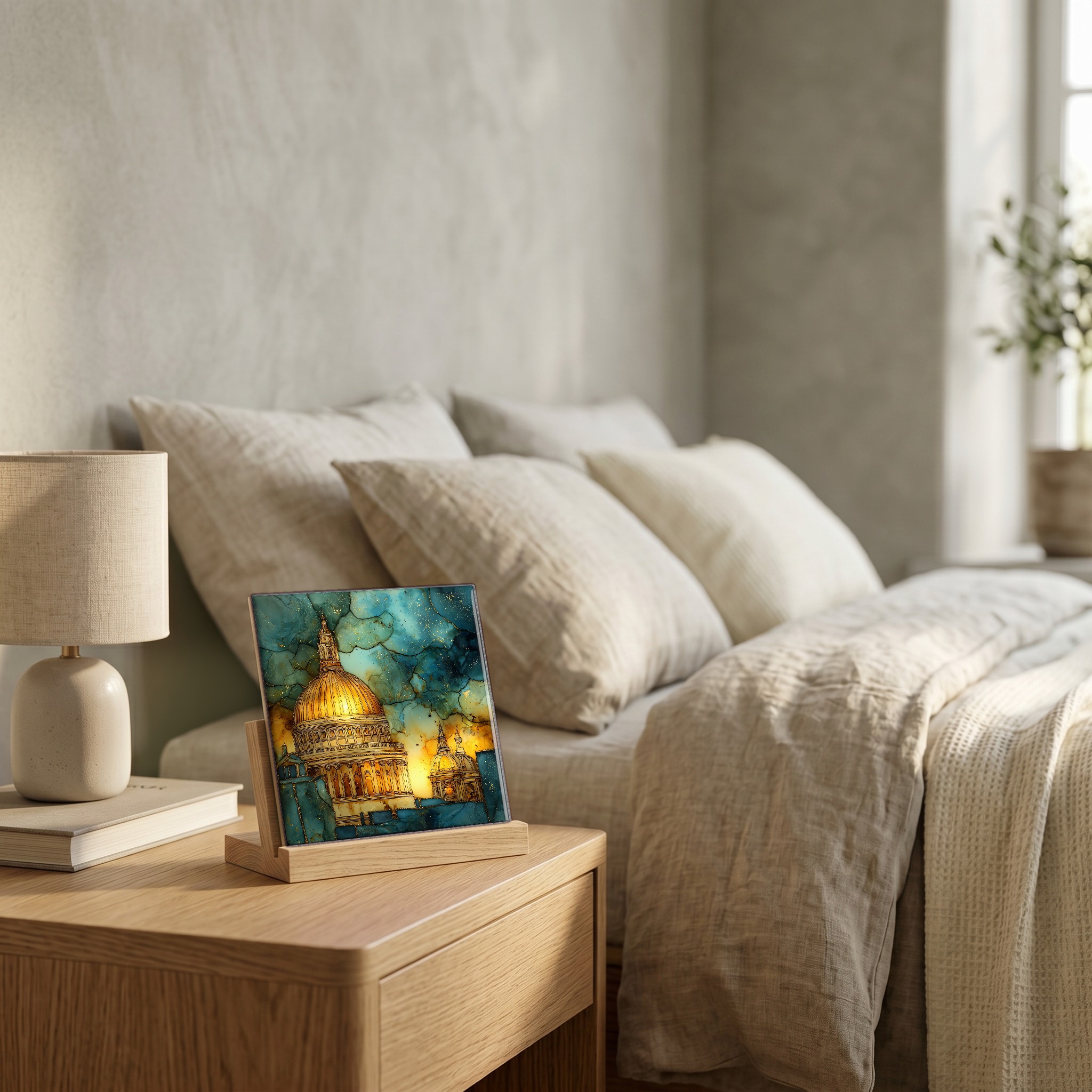 On the nightstand, on a light oak stand.