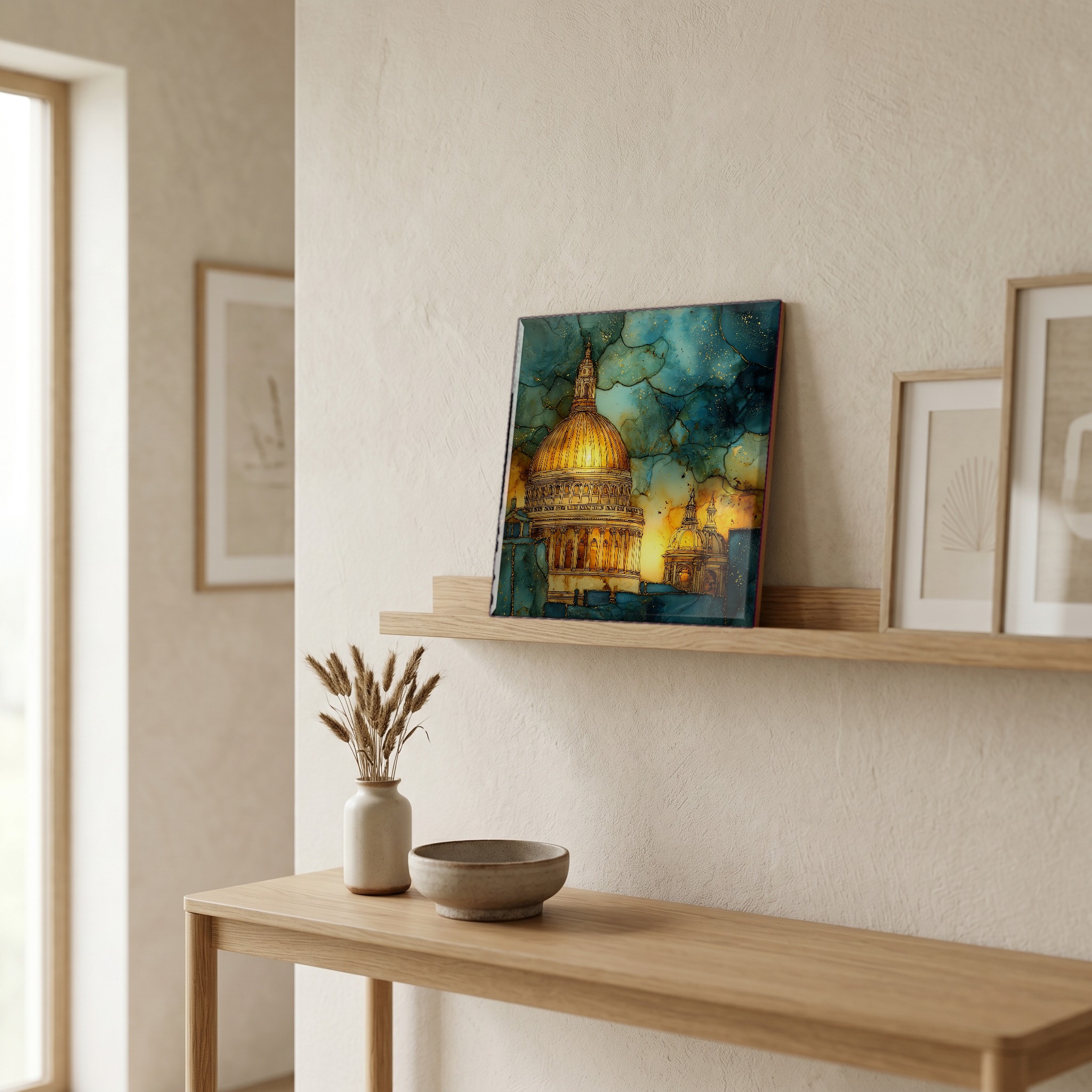 On a picture ledge, where the light comes in.