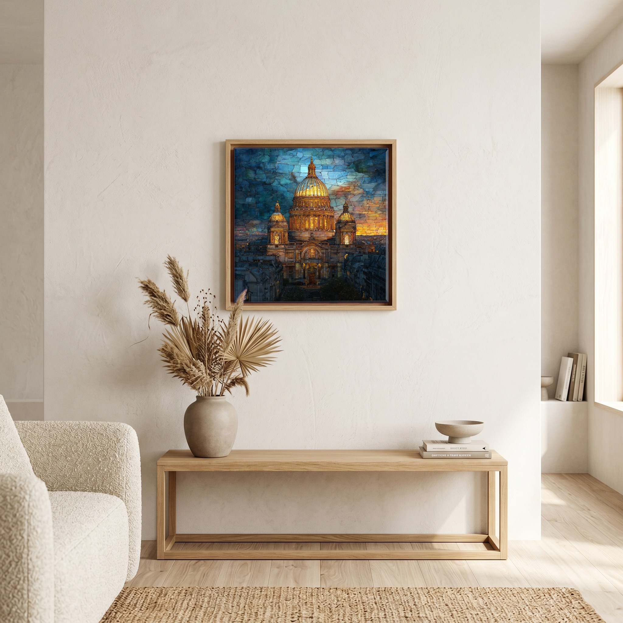 Above the bench, in a warm oak surround.