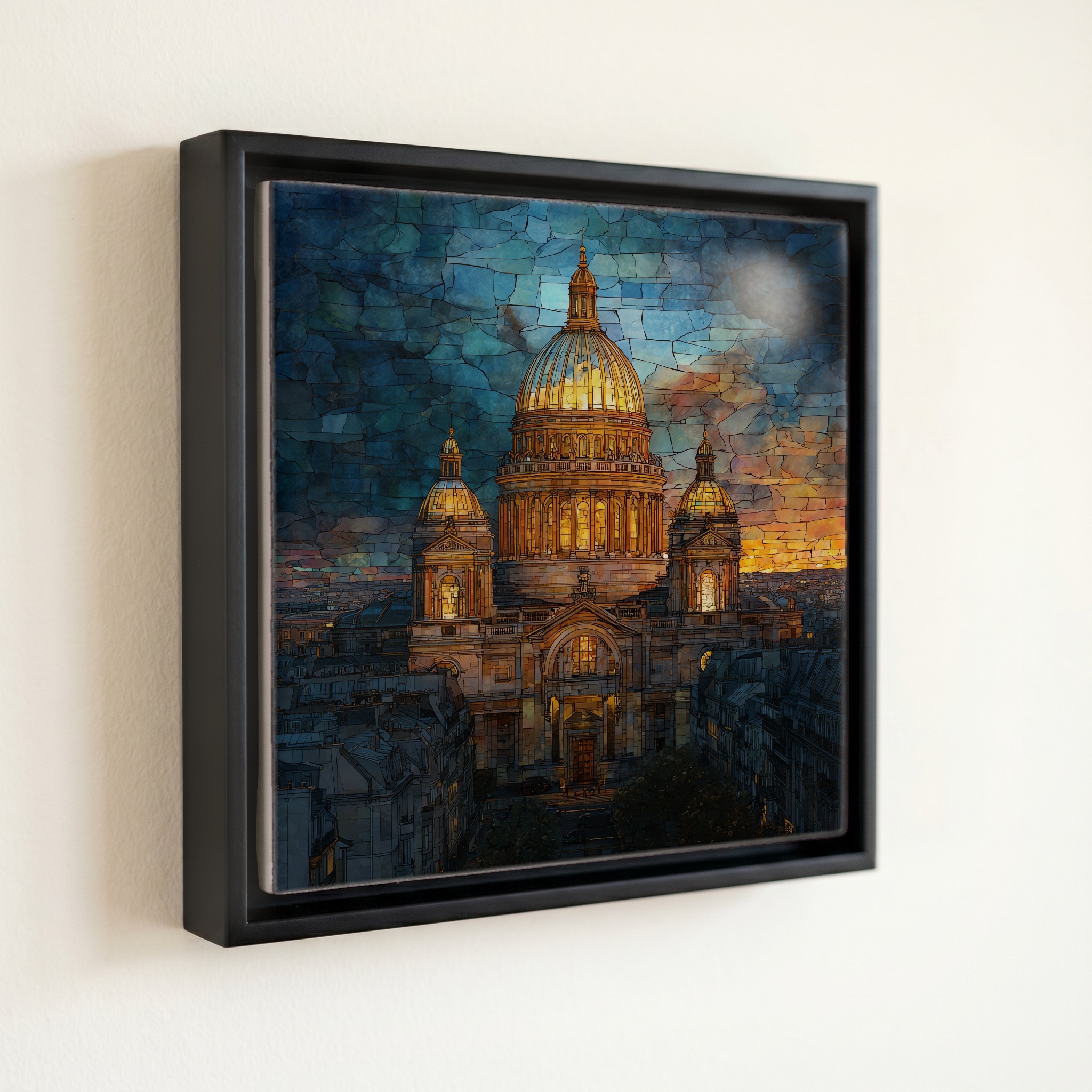 shown in a slim black floating frame · 6 × 6 in