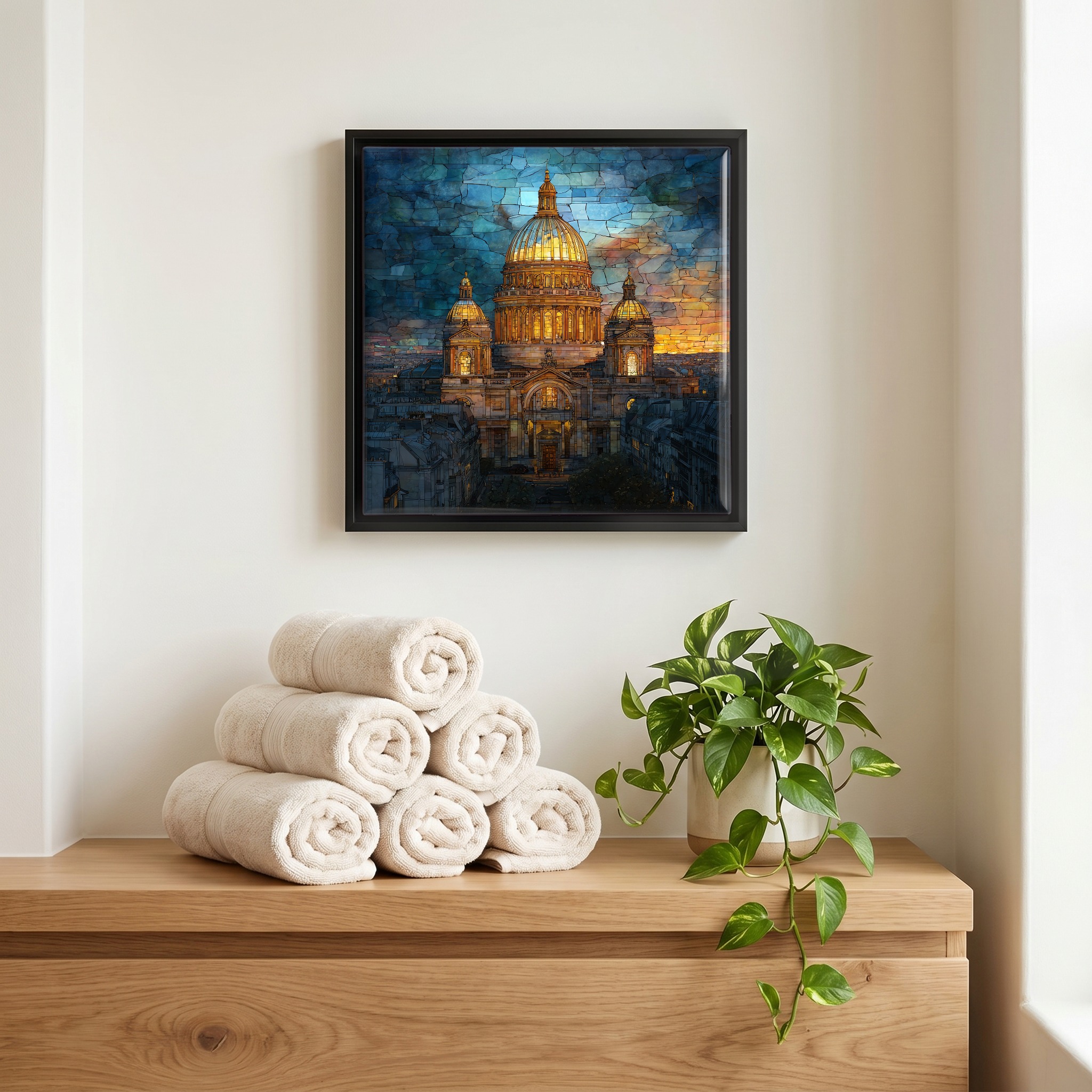 Above the linens, in a slim black surround.