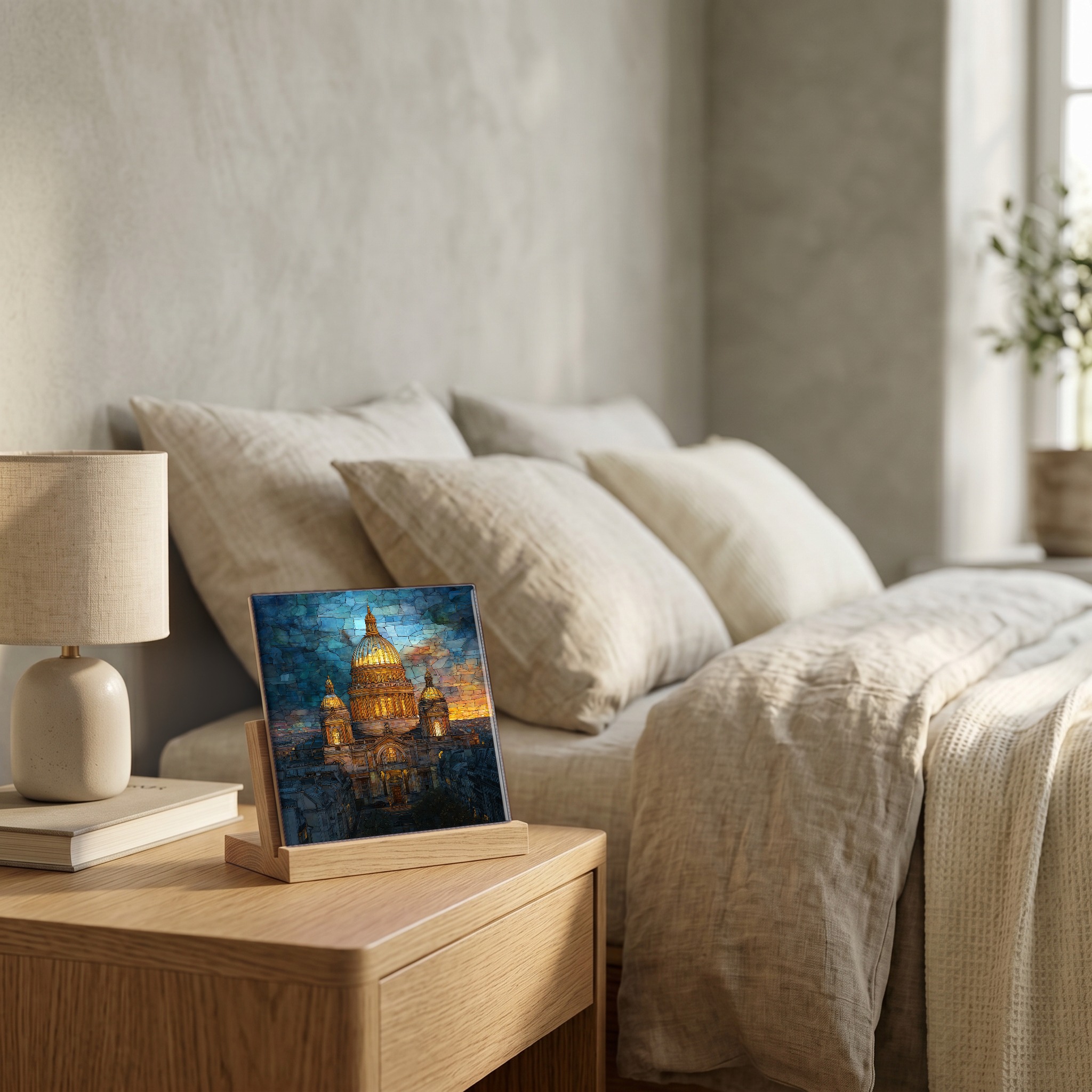 On the nightstand, on a light oak stand.