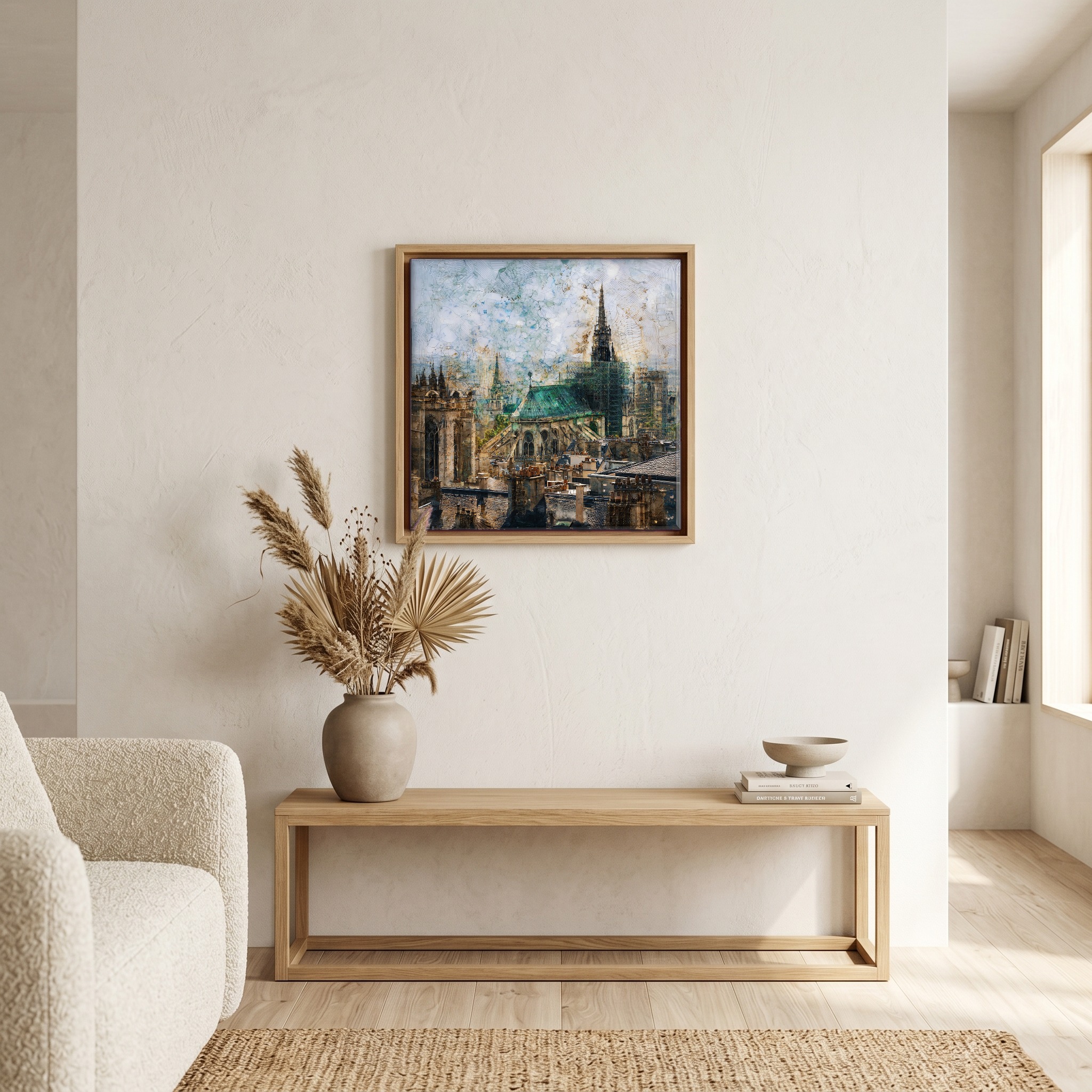 Above the bench, in a warm oak surround.