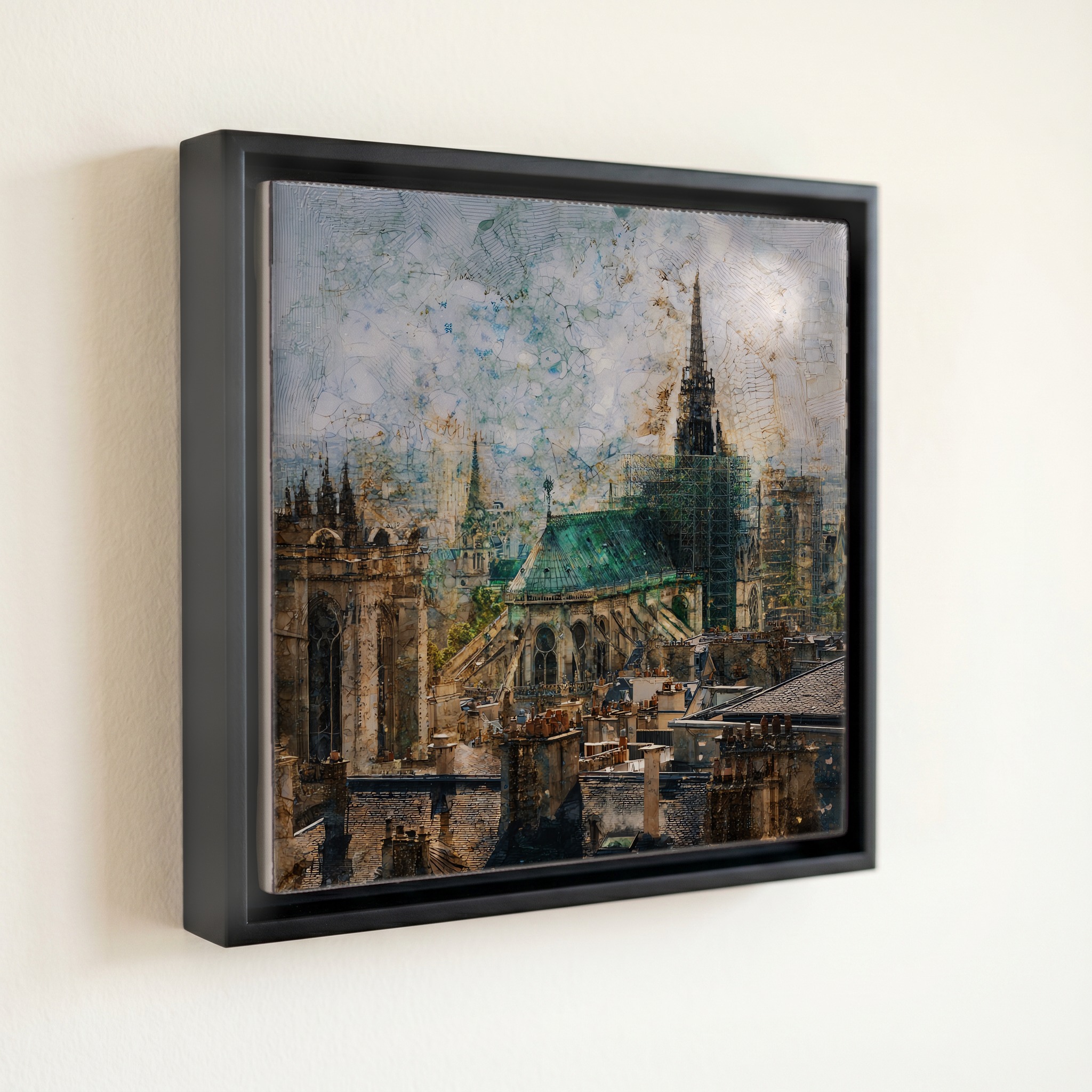 shown in a slim black floating frame · 6 × 6 in