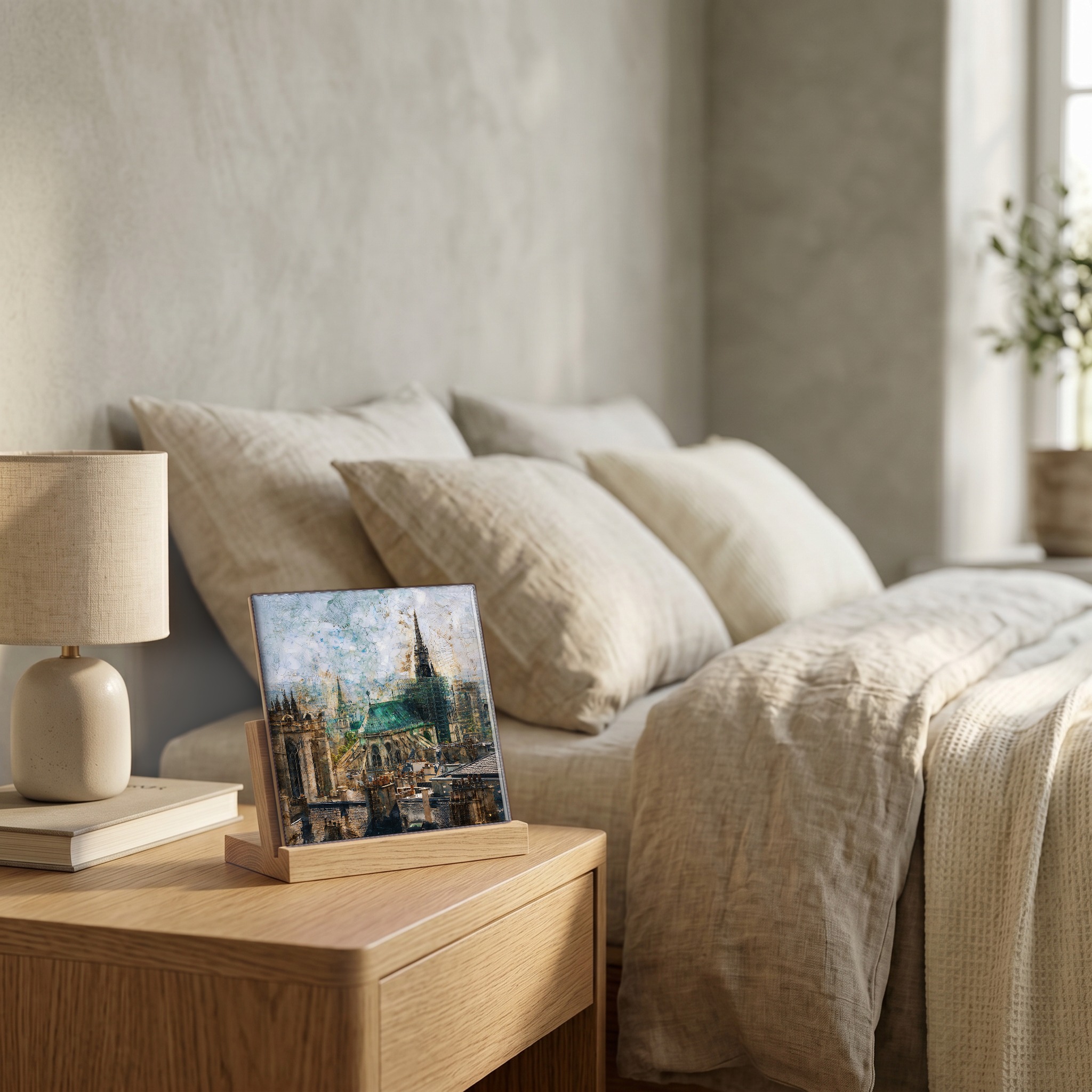 On the nightstand, on a light oak stand.