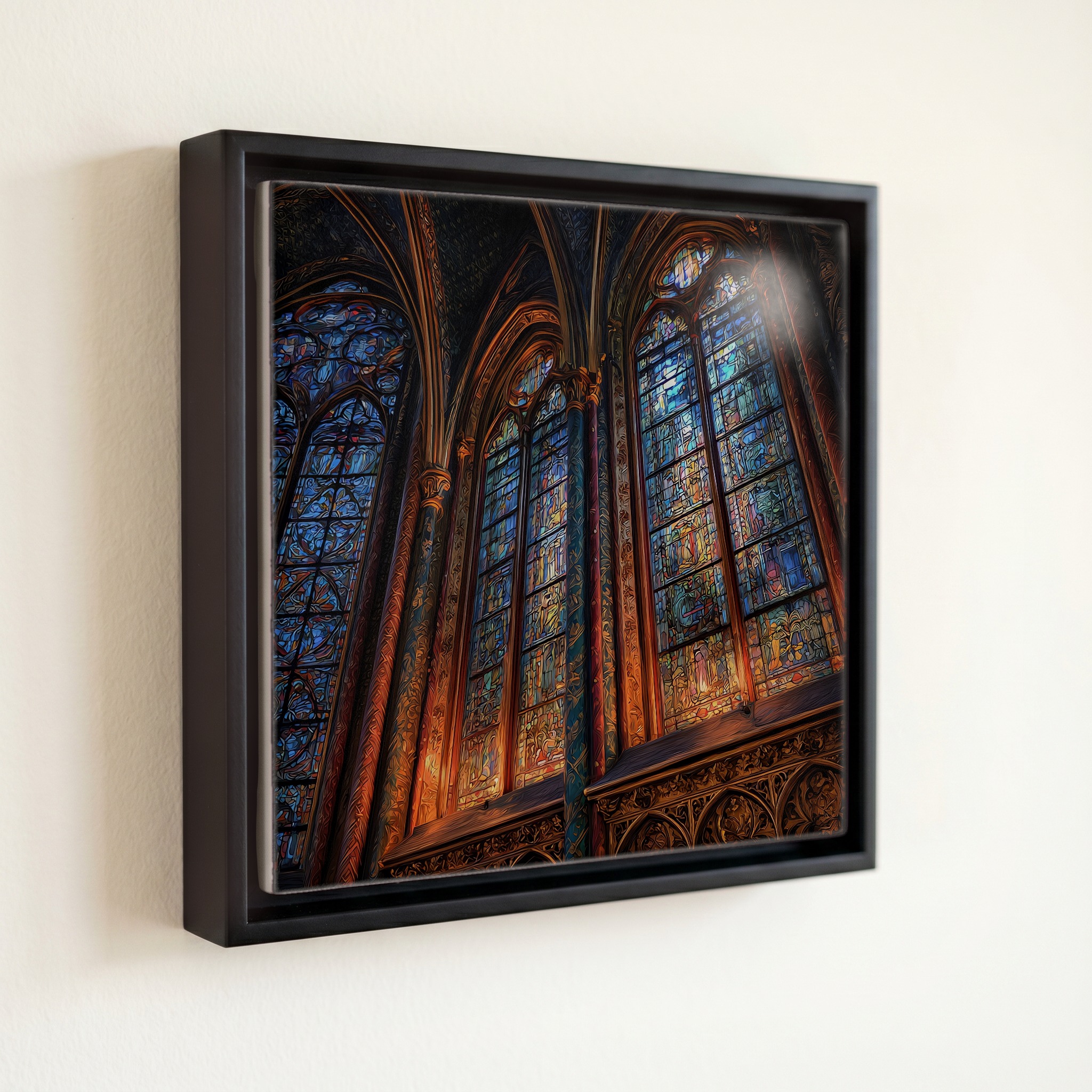 shown in a slim black floating frame · 6 × 6 in