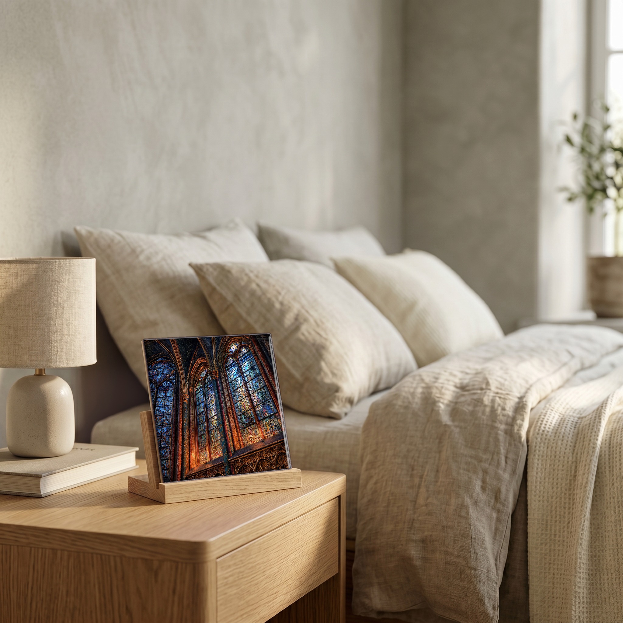 On the nightstand, on a light oak stand.