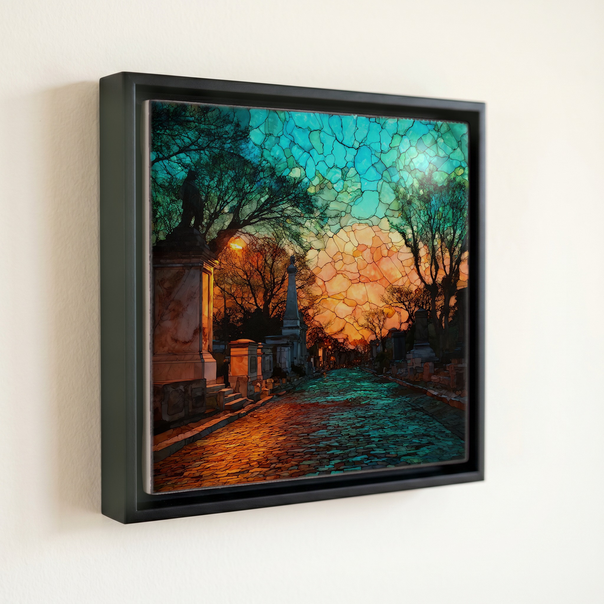 shown in a slim black floating frame · 6 × 6 in