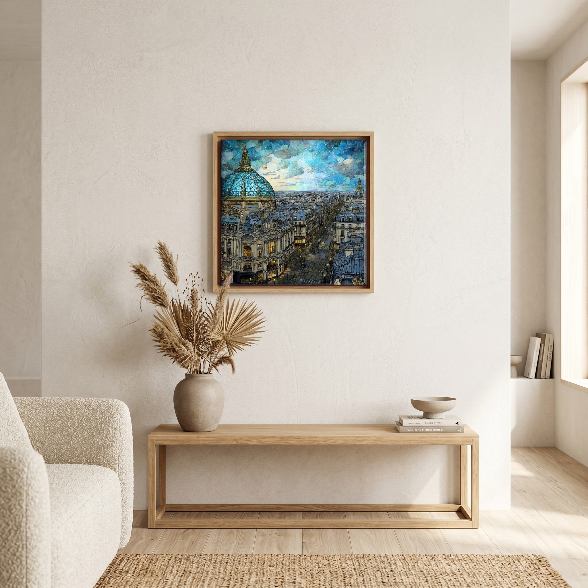Above the bench, in a warm oak surround.