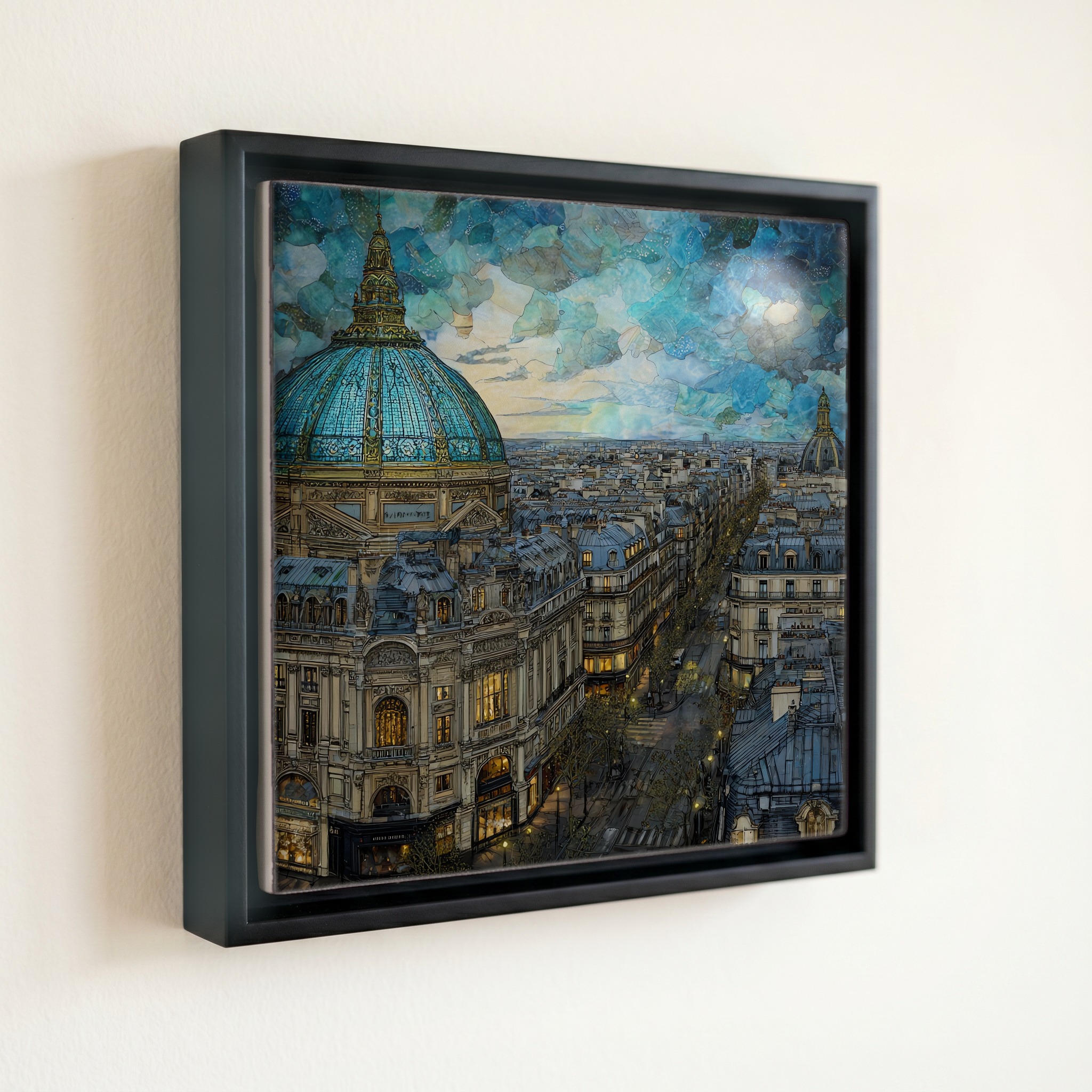 shown in a slim black floating frame · 6 × 6 in