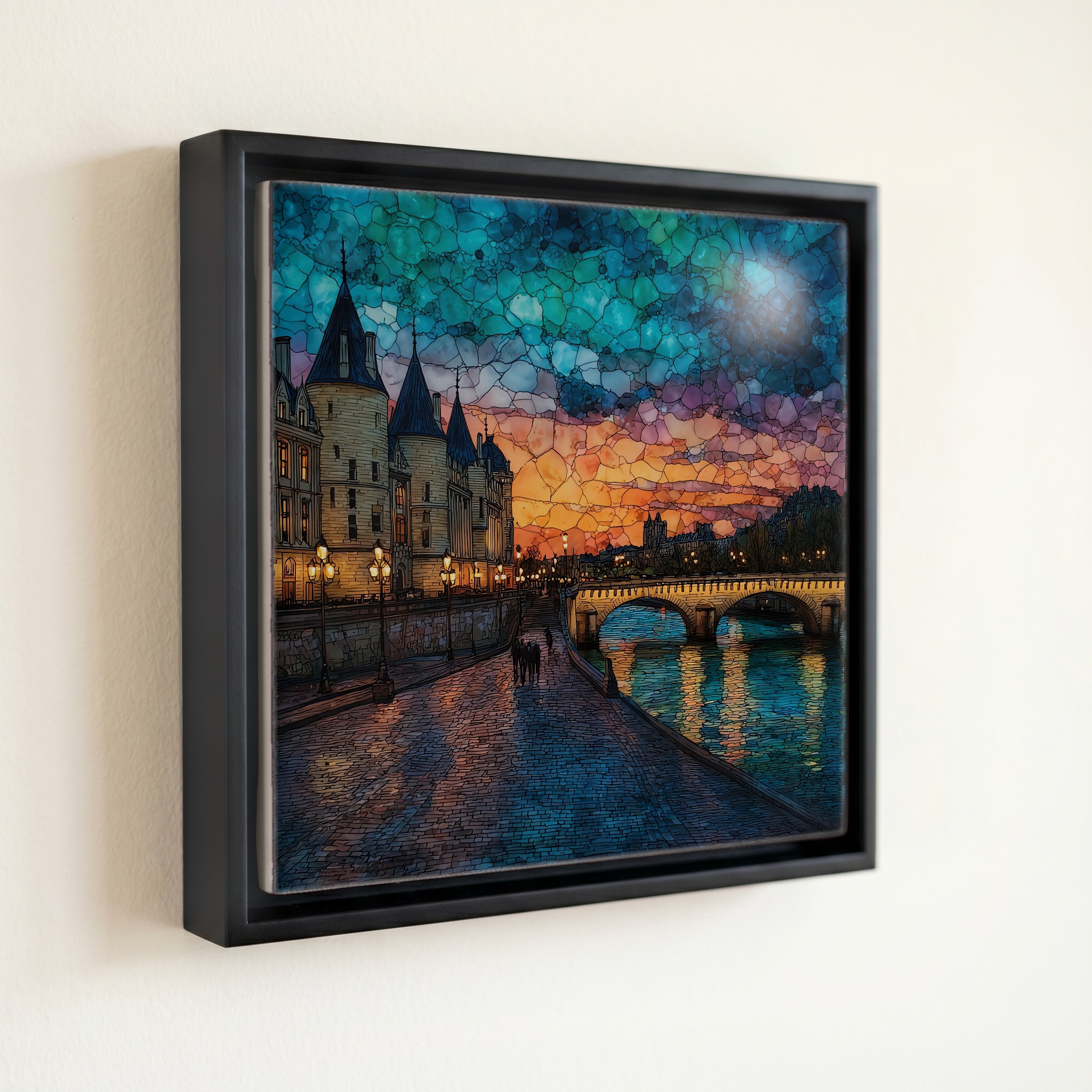 shown in a slim black floating frame · 6 × 6 in