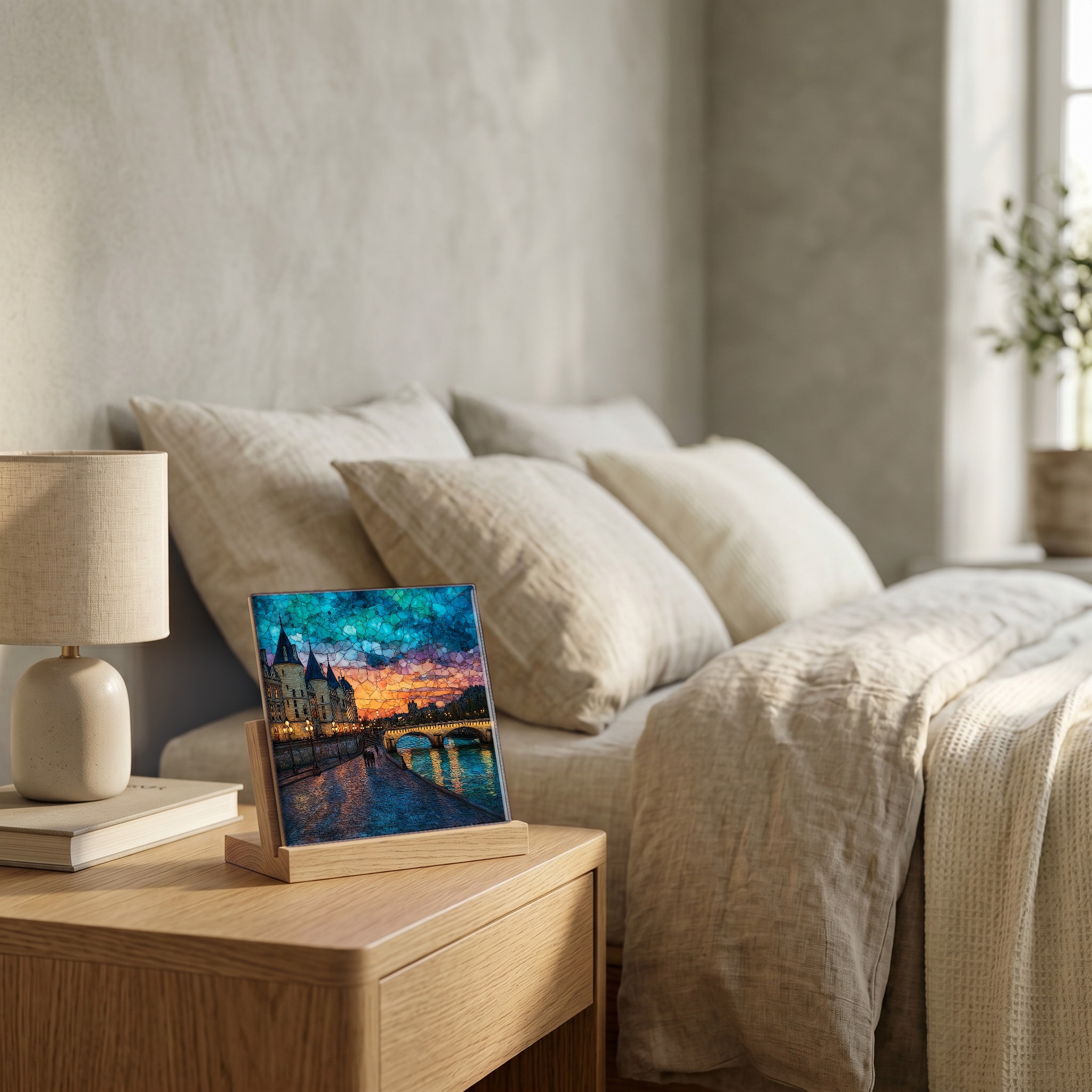 On the nightstand, on a light oak stand.