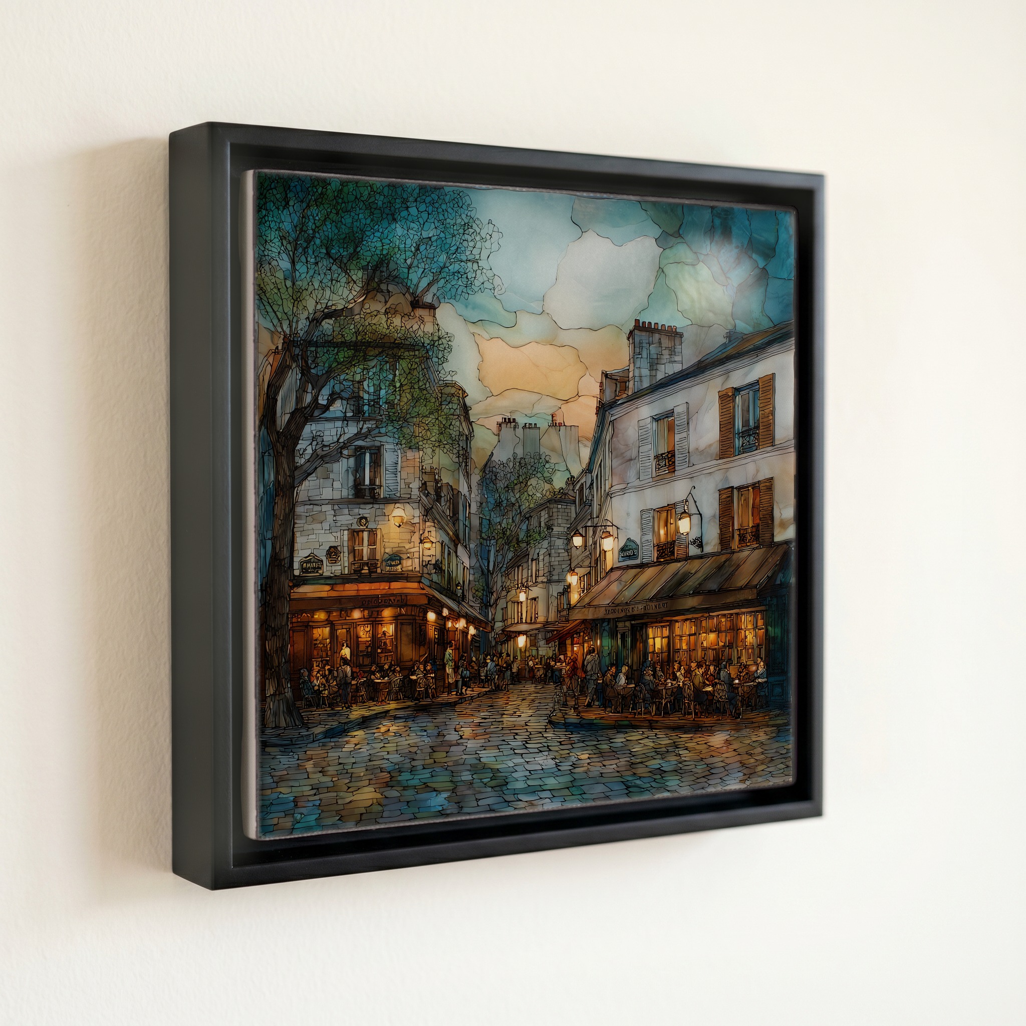 shown in a slim black floating frame · 6 × 6 in