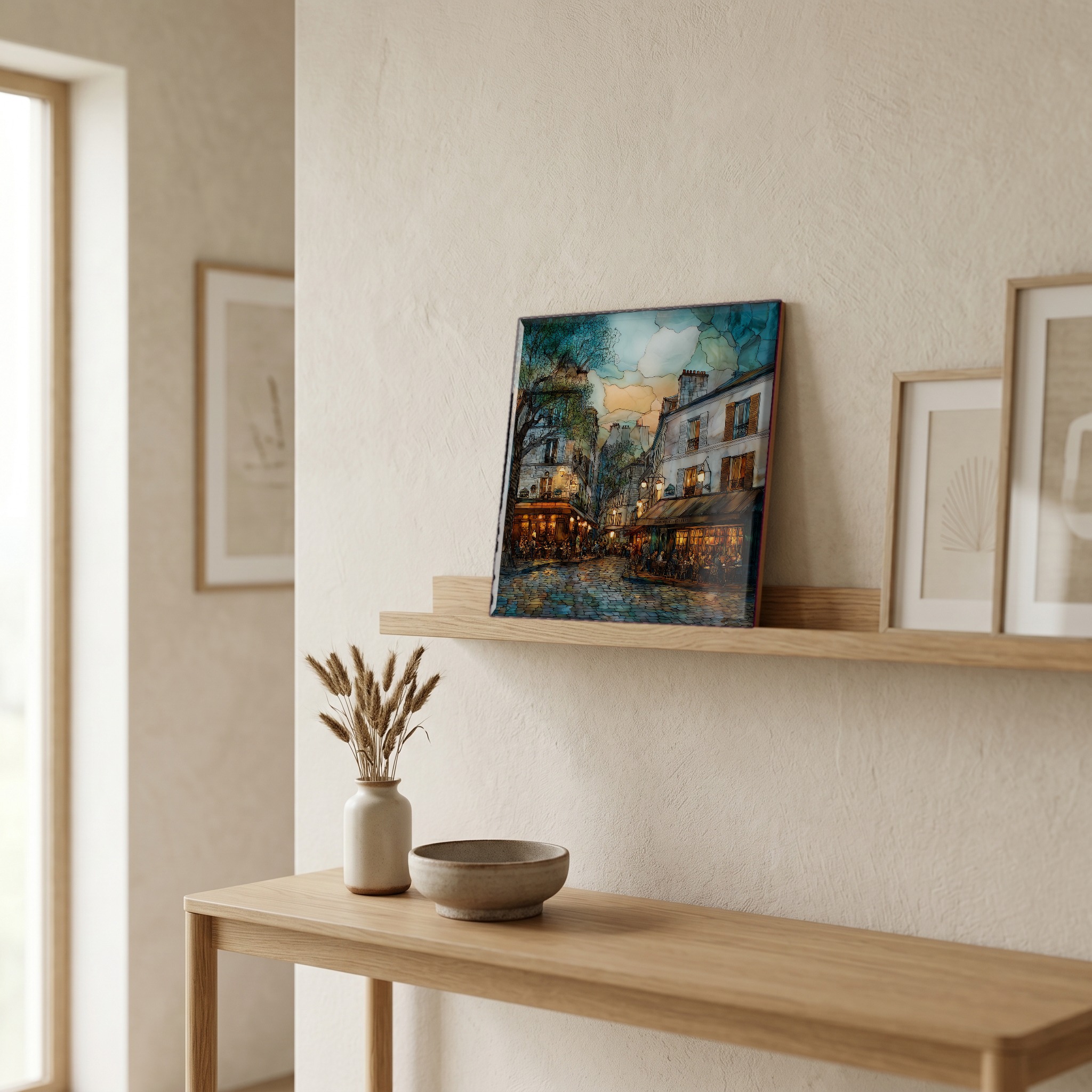 On a picture ledge, where the light comes in.