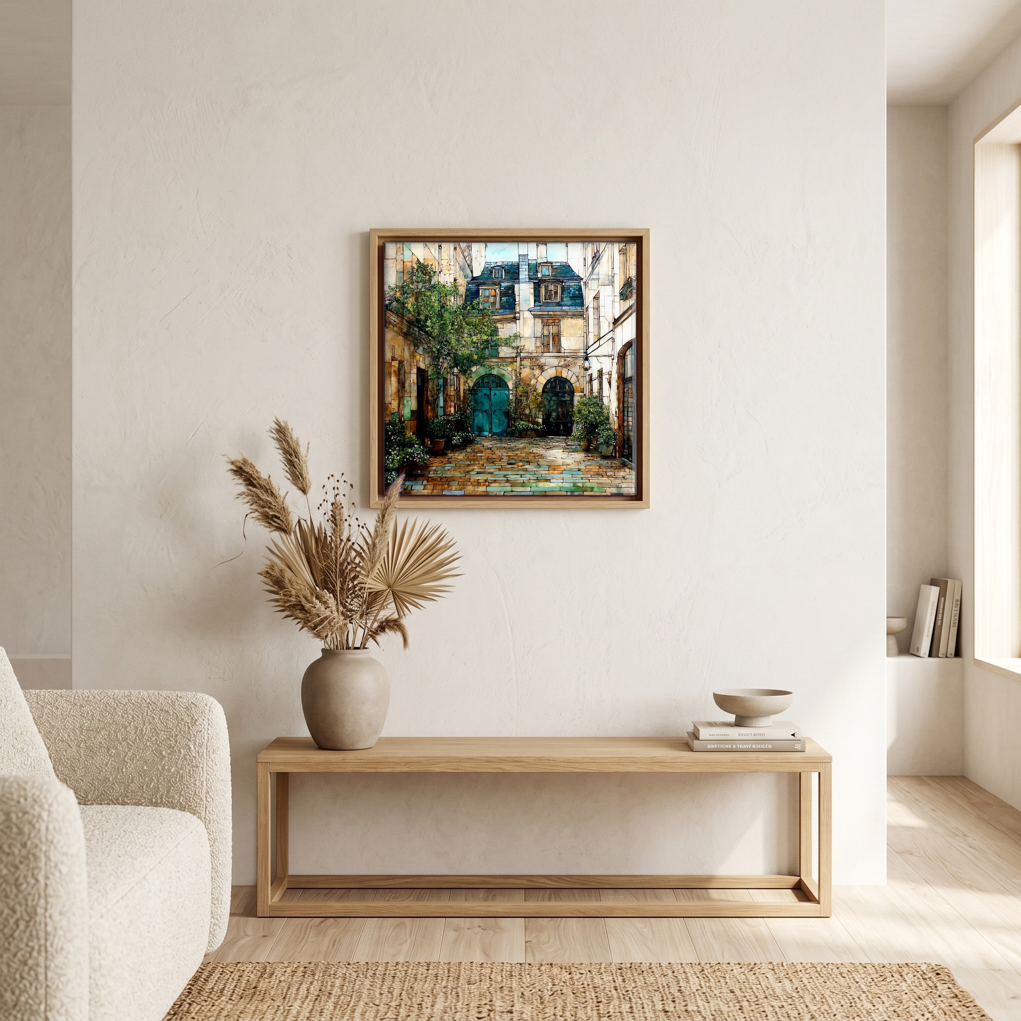 Above the bench, in a warm oak surround.