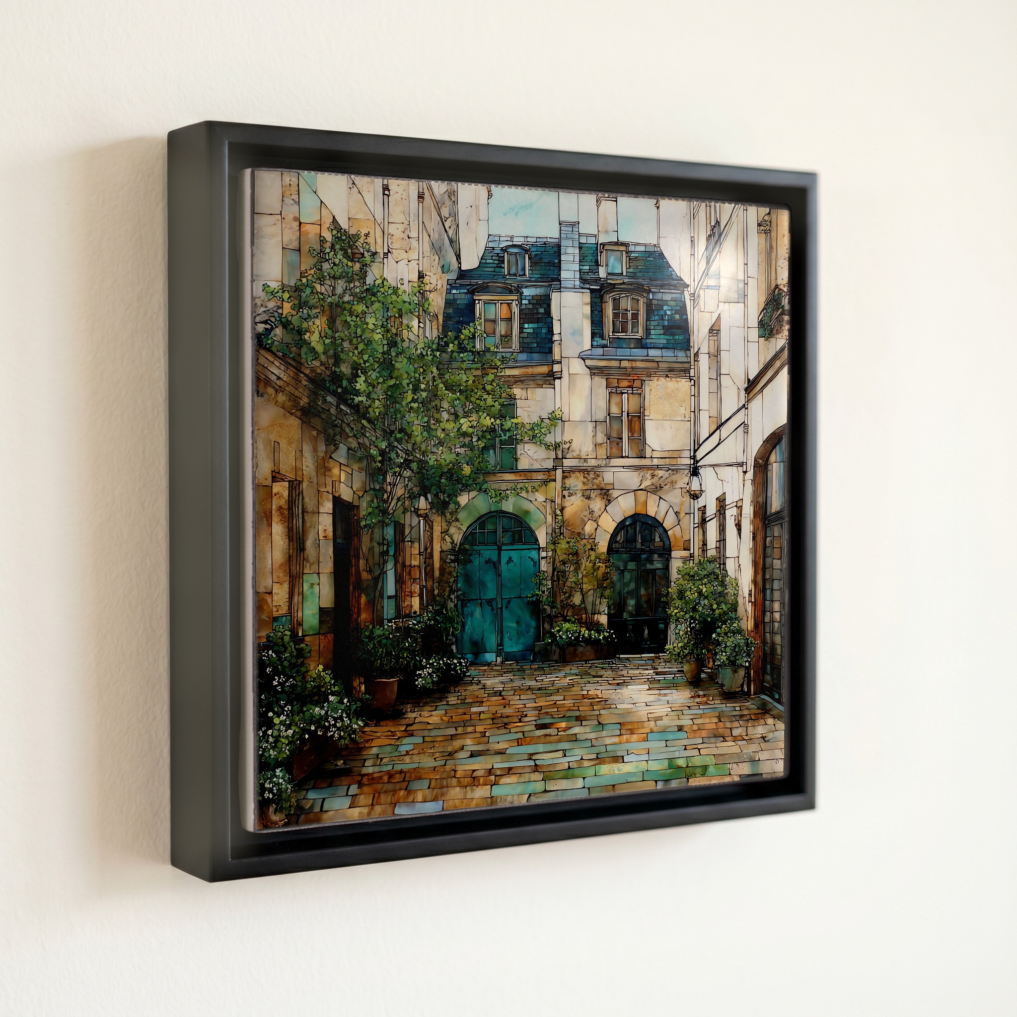 shown in a slim black floating frame · 6 × 6 in