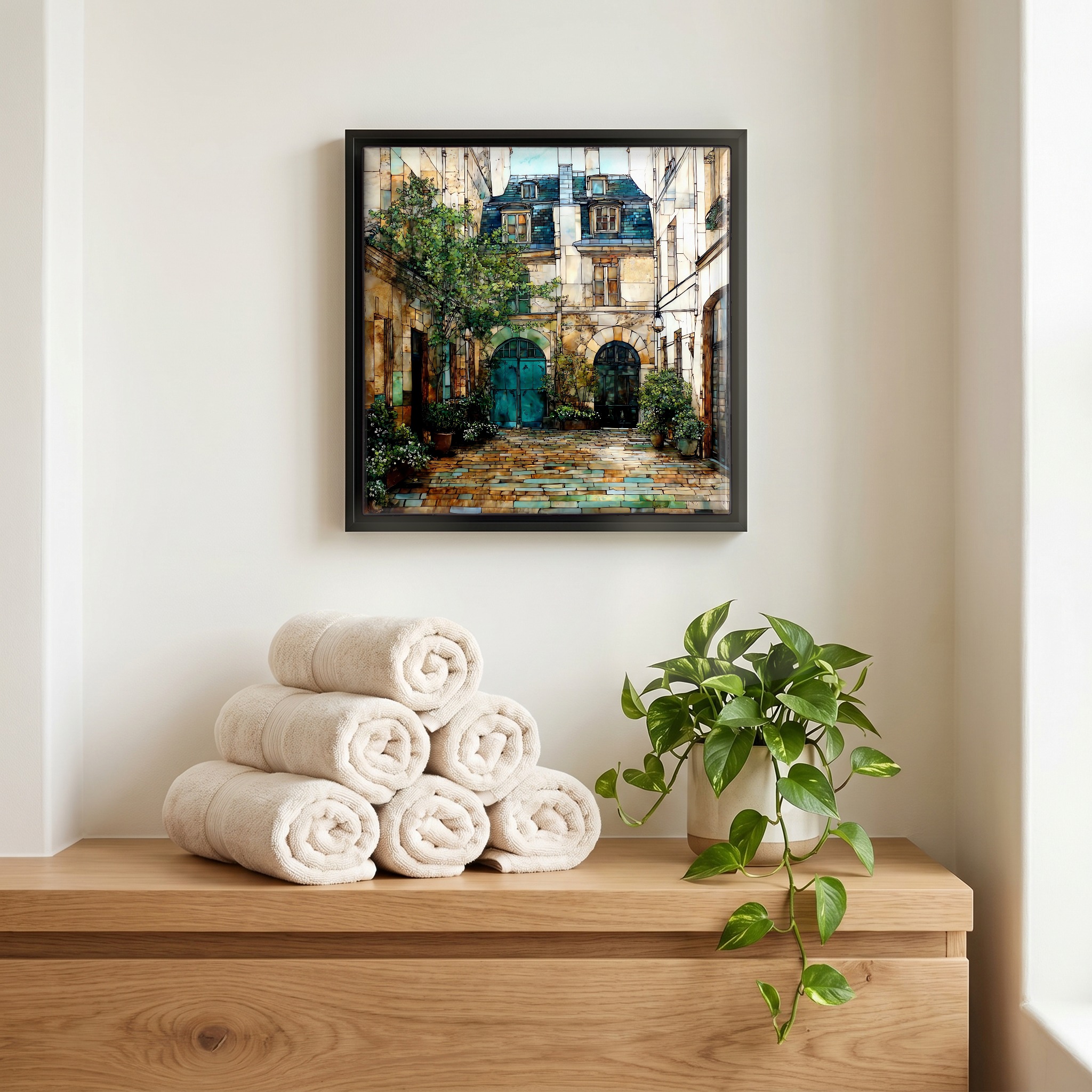Above the linens, in a slim black surround.